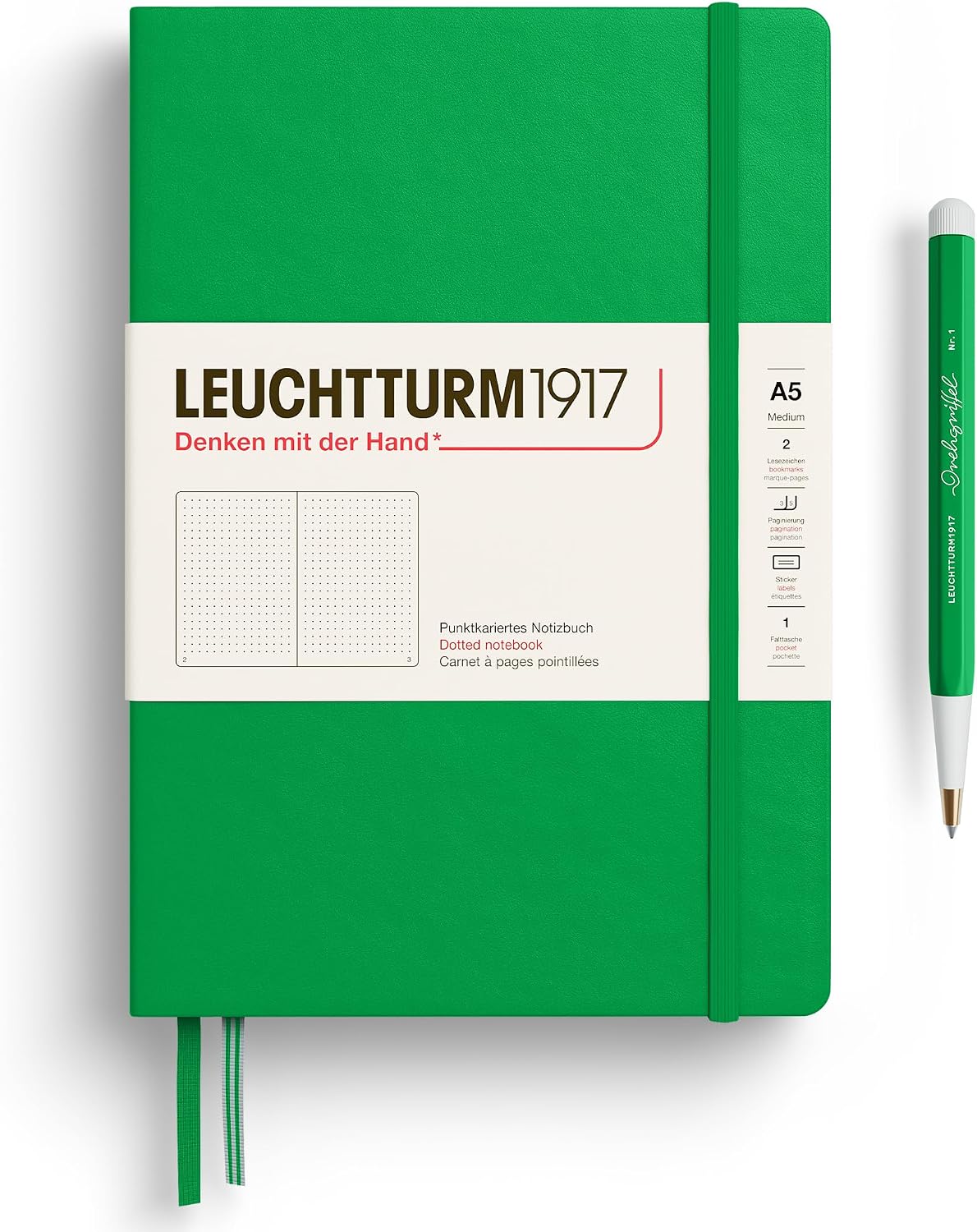 LEUCHTTURM1917 - Notebook Hardcover Medium A5-251 Numbered Pages for Writing and Journaling - Thinking Ahead (Dotted Paper, Spring Leaf)