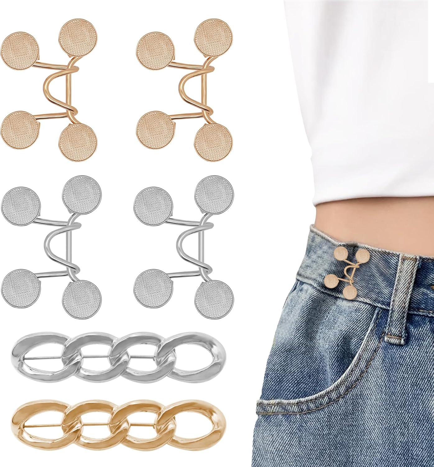 6 Set Pant Waist Tightener Buttons Pins for Loose Jeans Reusable Waist Cincher Clip Metal Brooch for Clothing Dresses Skirts No Sewing Decoration Accessories(Gold+Silver