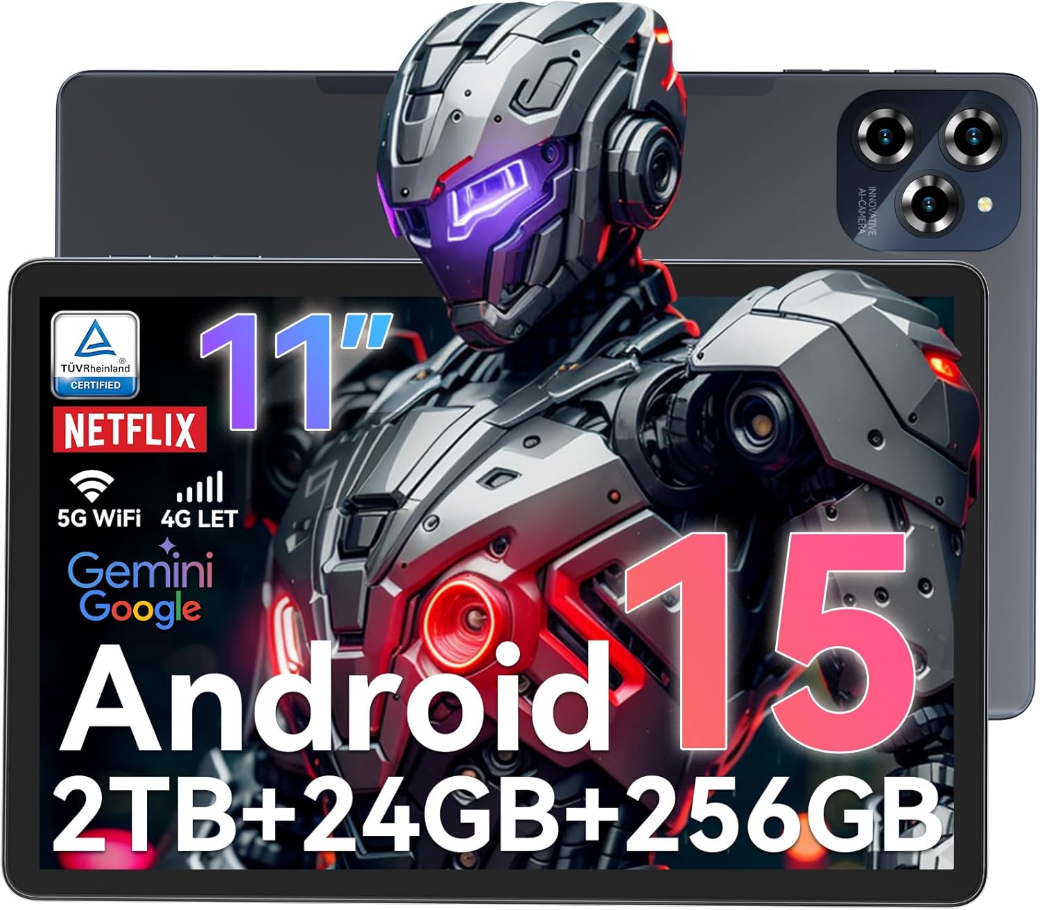 2026 Newest Tablet 11 inch,Android 15 AI Tablets wIth SIM Card Slot,24GB RAM+256GB ROM(TF 2TB),5G WIFI|Octa-Core|8000 mAH|Widevine L1| Netflix|8MP+16MP|Bluetooth 5.0|GPS,2-Year Warranty-Grey