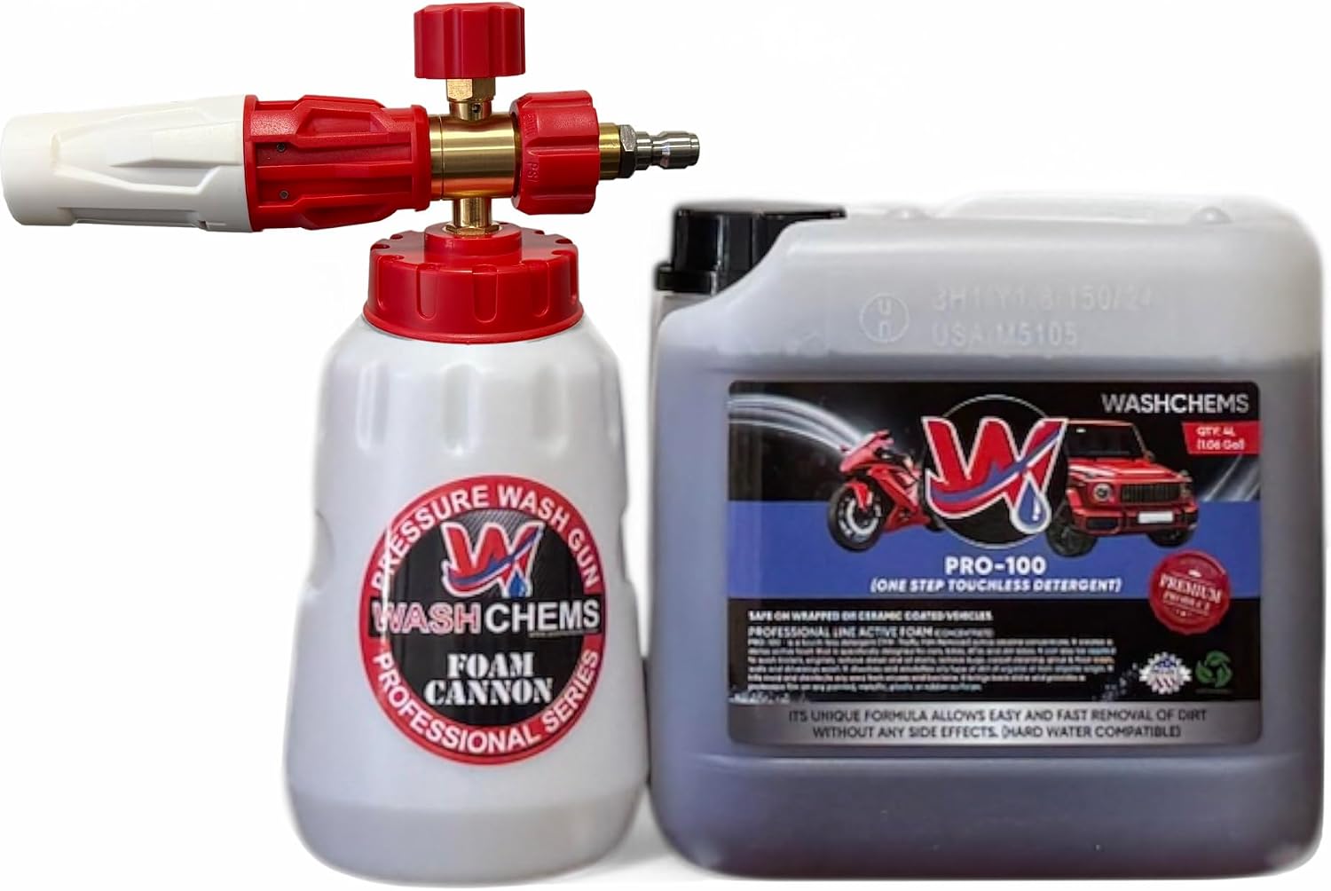 Wash Chems PRO-100 Touchless Car Wash Detergent Soap with Foam Cannon Combo (1 Gallon, 128 oz.) No Brushing - Heavy-Duty Commercial Grade Professional Auto Cleaner - Great for Trucks & Tractors