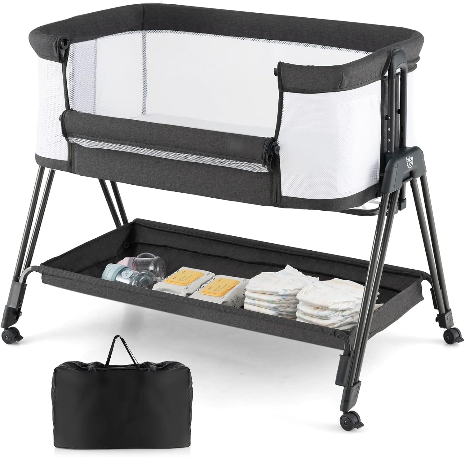 COSTWAY Baby Bedside Crib, Easy Folding Cot Bed with Mattress, All-Side Mesh, Storage Shelf and Travel Bag, Height Adjustable Newborn Sleeper for Birth to 9kg (Dark Grey)