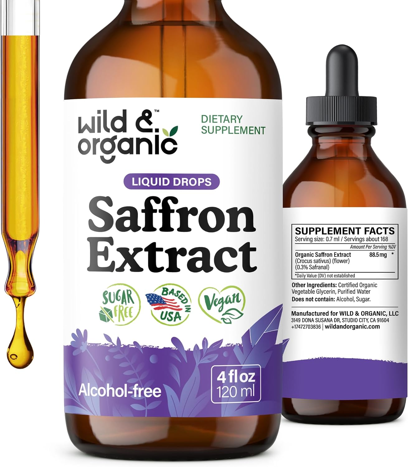 Wild & Organic Saffron Supplements 88.5 mg - Mood, Focus, Eye Support - 4oz | Saffron Extract Liquid Drops - Add to Tea - 5-Month Supply - Crocus Sativus Herb - Vegan, No Sugar & Alcohol-Free Tincture