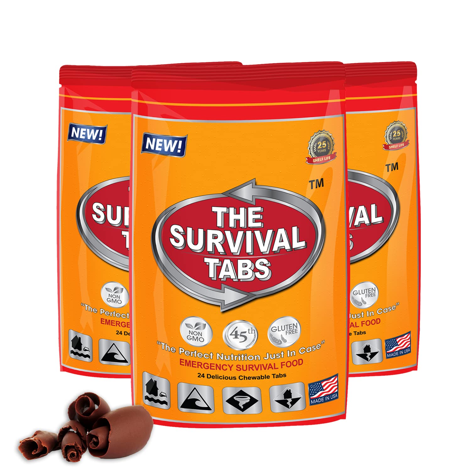 6 days Emergency Survival Tabs none-GMO gluten-free 25 years shelf life 24 Tabs Chocolate x 3 pouches