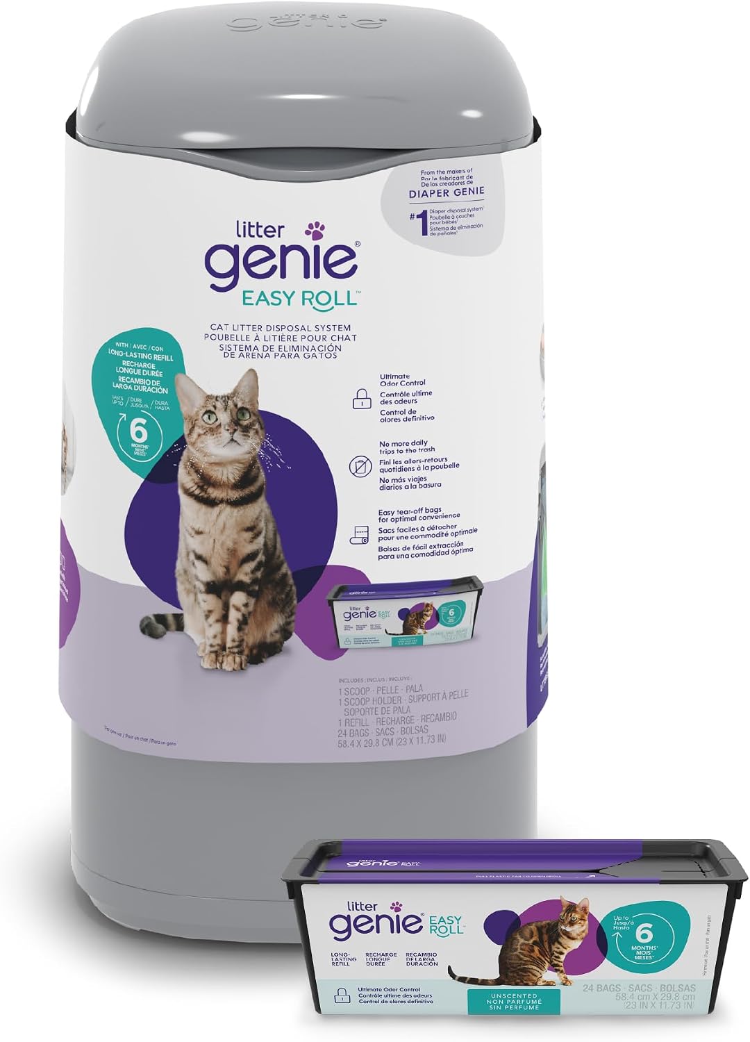 Litter Genie Easy Roll Pail with Easy Roll Refill, 24 bags | 90% recycled plastic - Airtight design - 8 days of litter for 1 cat - Easy Roll refill 3 months - Scoop included