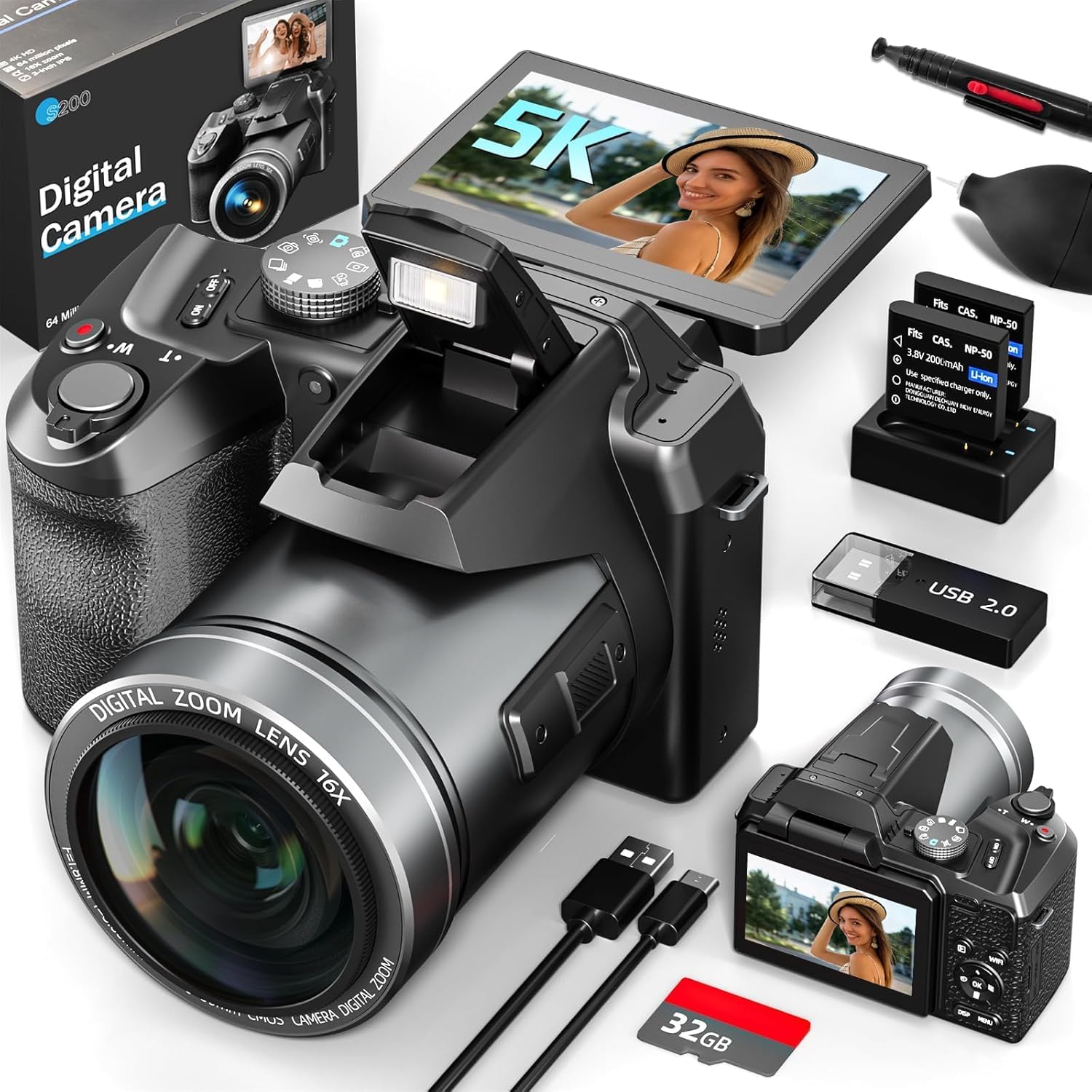 64MP Professional Digital Cameras for Photography Autofocus, 5K Vlogging Camera for YouTube,16X Anti-Shake Compact Travel Camera with WiFi & App Control, Flash,SD Card, 2 Batteries (Black)