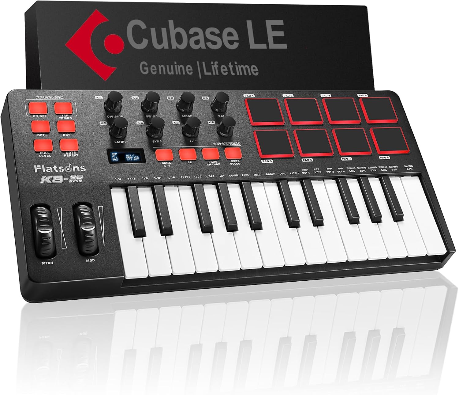 KB-25mini USB MIDI Keyboard Controller 25 Keys, Professional Music Production with Mod/Pitch Wheel, 8 Drum Pad, Arpeggiator, Portable Beat Maker for All Software (Licensed Cubase Included)