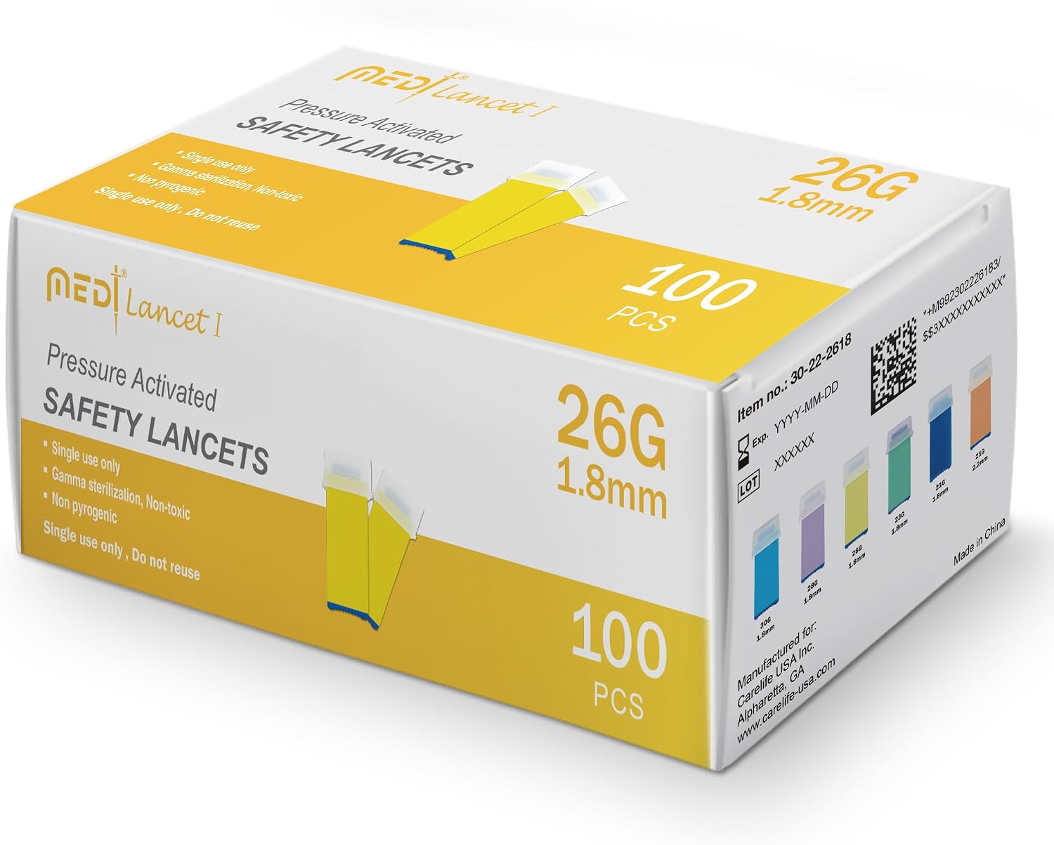Pressure Activated Safety Lancets 26G x 1.8mm - Gamma Ray Sterilized, Ideal for Blood Testing, Single Use and Gentle for Comfortable Testing - Pack of 100
