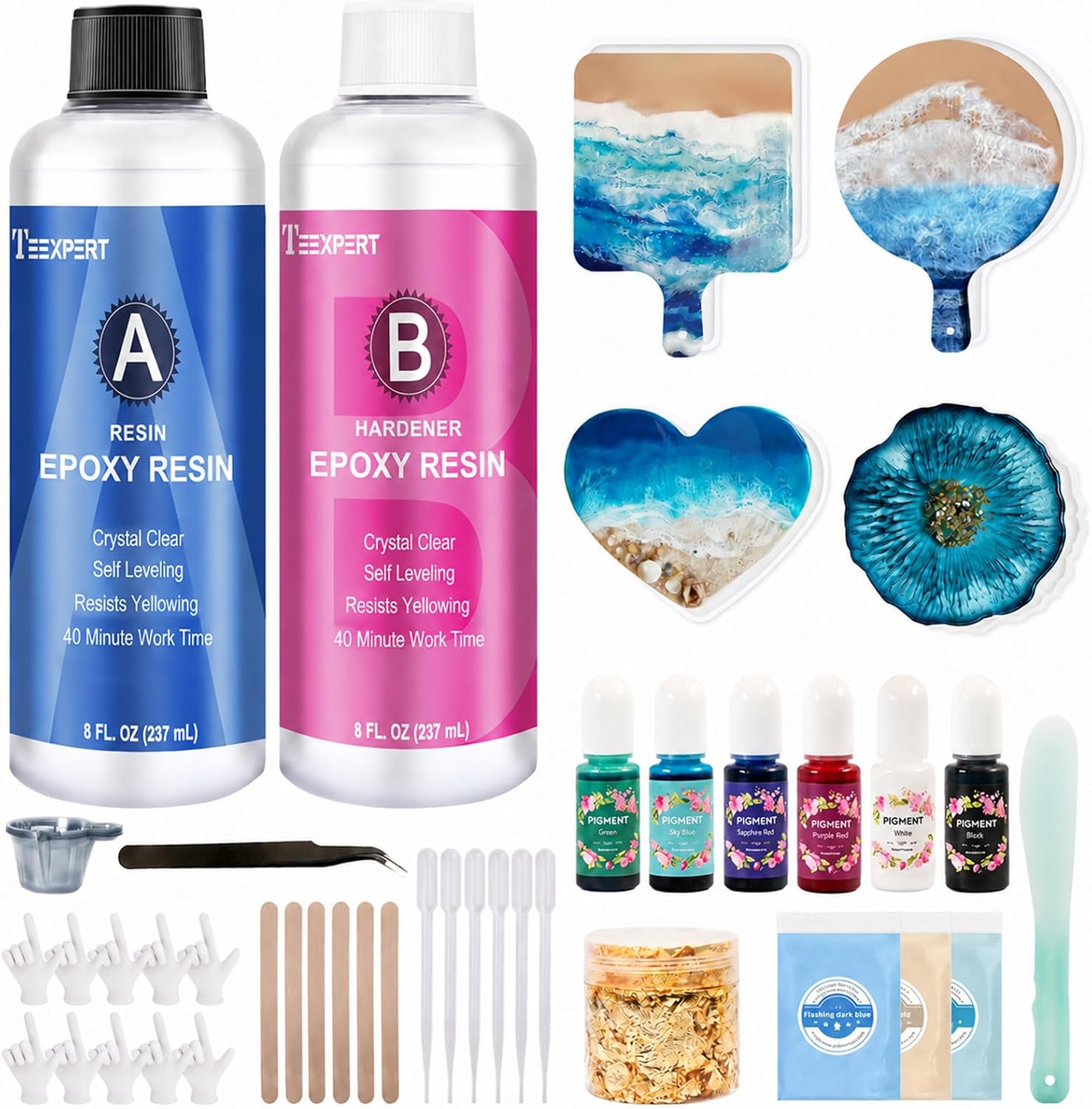 Teexpert Epoxy Resin Kit for Beginners, Resin Kit with Coaster Molds, Silicone Molds Kit, Pigments, Crystal Clear Art Resin, Casting & Coating for DIY Coasters 16 FL.OZ