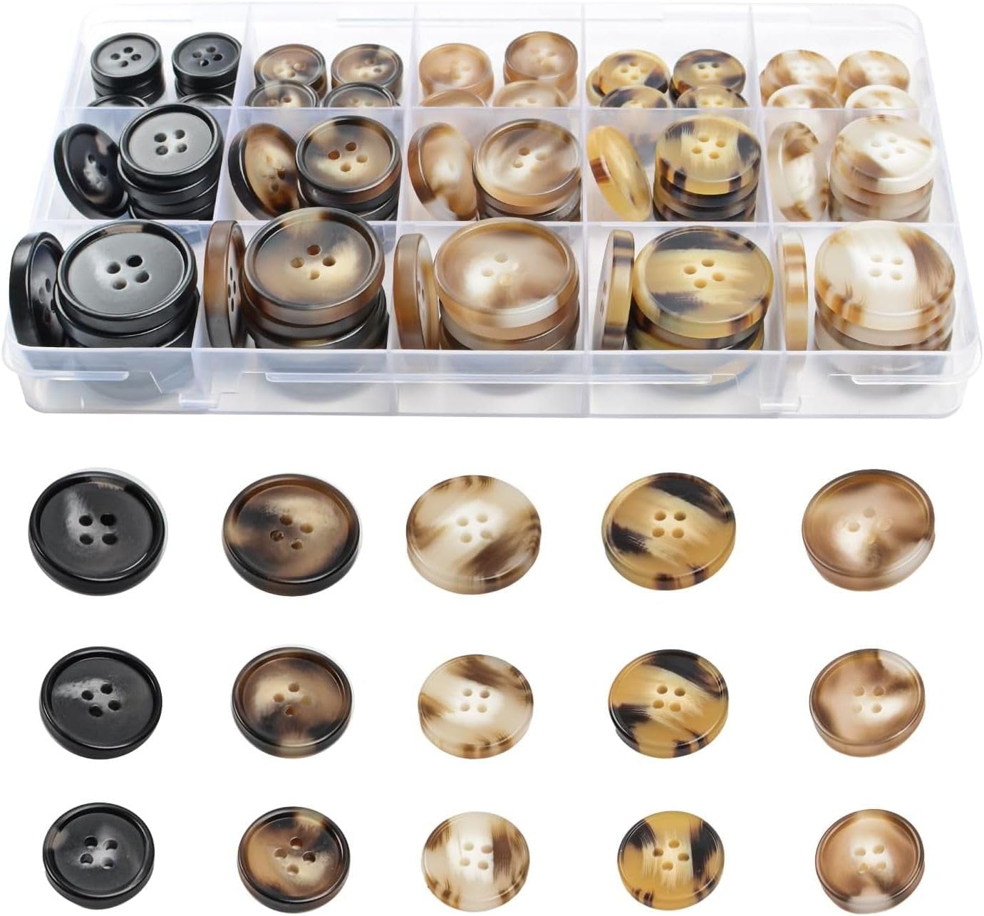 110Pcs Mixed Sewing Buttons, 4-Hole Craft Round Blazer Buttons, 5 Color 3 Size (15mm, 20mm, 25mm) Suit Coats Resin Button, Suitable for Variety Clothing Sewing, DIY Craft (Coffee Color)
