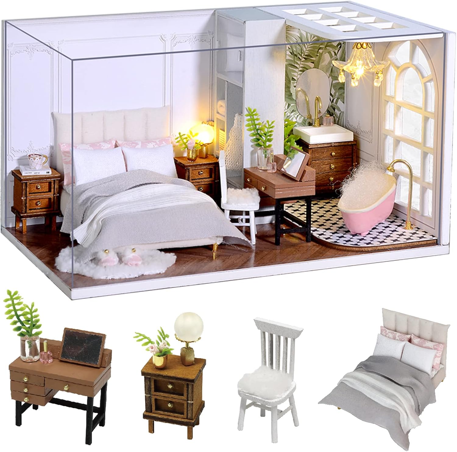CUTEROOM Diy Dolls House Kit,Miniature Dolls House Kit with Furniture and Dust Cover,Handmade Crafts Diy Miniature Room Kit for Teens Adult Gift