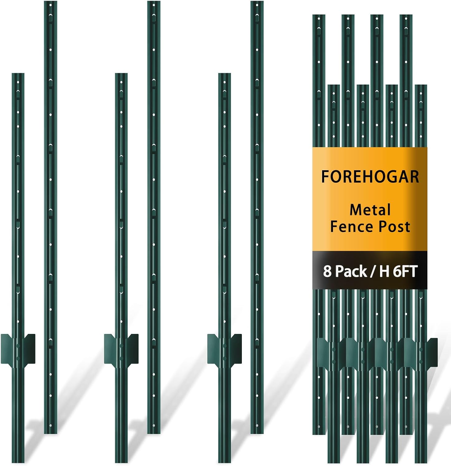 Metal Fence Post Green 6 feet, Pack of 8, T Posts for Fences Wire Mesh, No Dig Steel Stakes Fencing for Garden Yard Farm Outdoor Light Duty