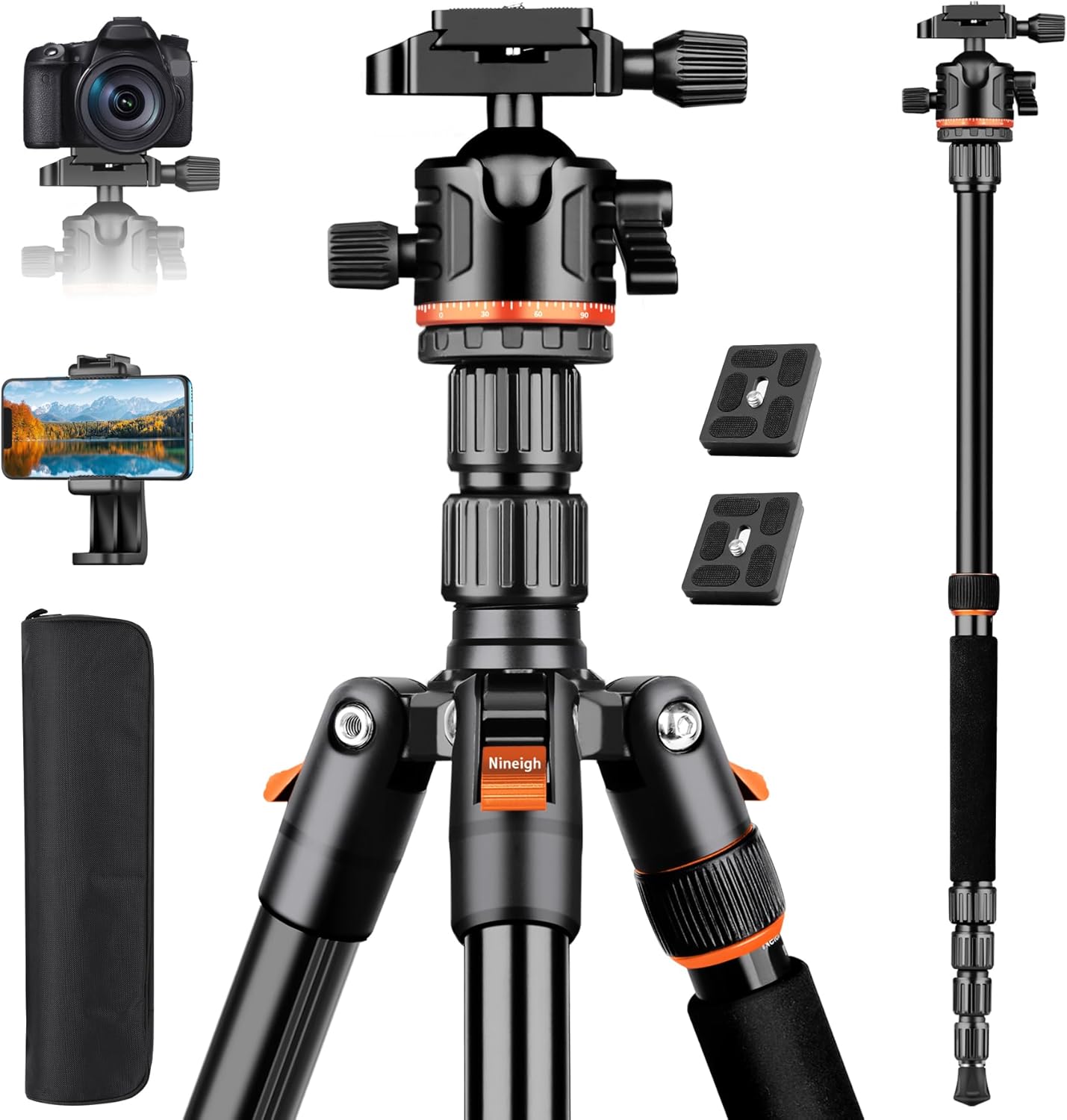Nineigh 76.4"/194cm Camera Tripod, Compact Travel Tripod for Camera with Ball Head and Phone Holder, Lightweight Aluminum DSLR Tripod Stand with Monopod for Canon Nikon Sony