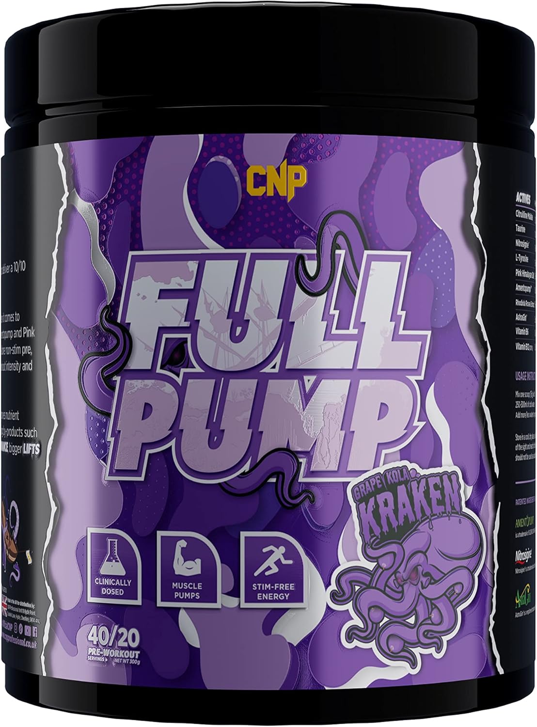 CNP Professional Full Pump, Strong Stim Free Energy and Muscle Pumps Pre-Workout, 20/40 Servings, 300g, 4 Flavours Available (Grape Kola Kraken)