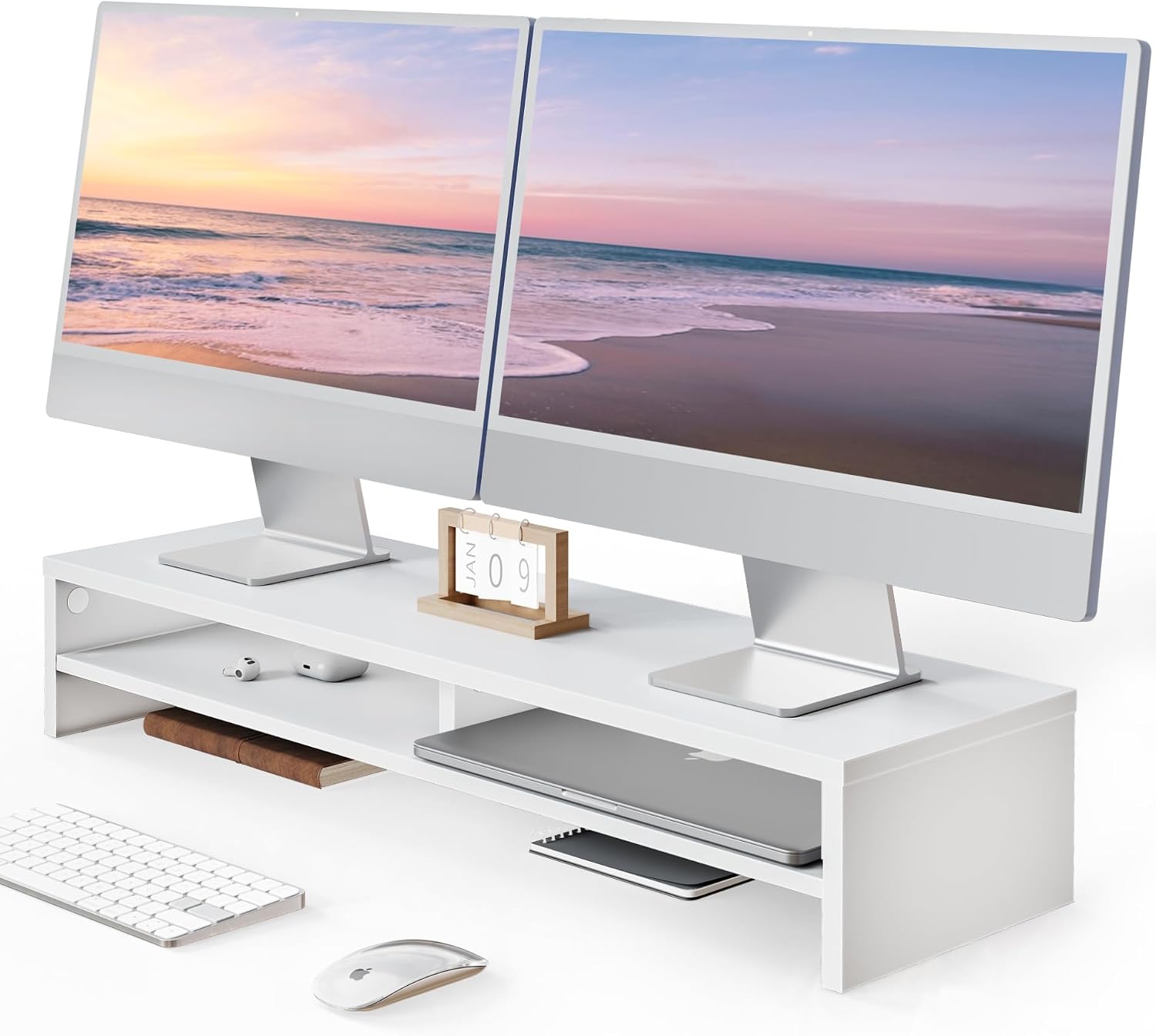 Fenge Monitor Stand, 80cm, for Laptop PC TV, 2 Tiers, Monitor Riser, White