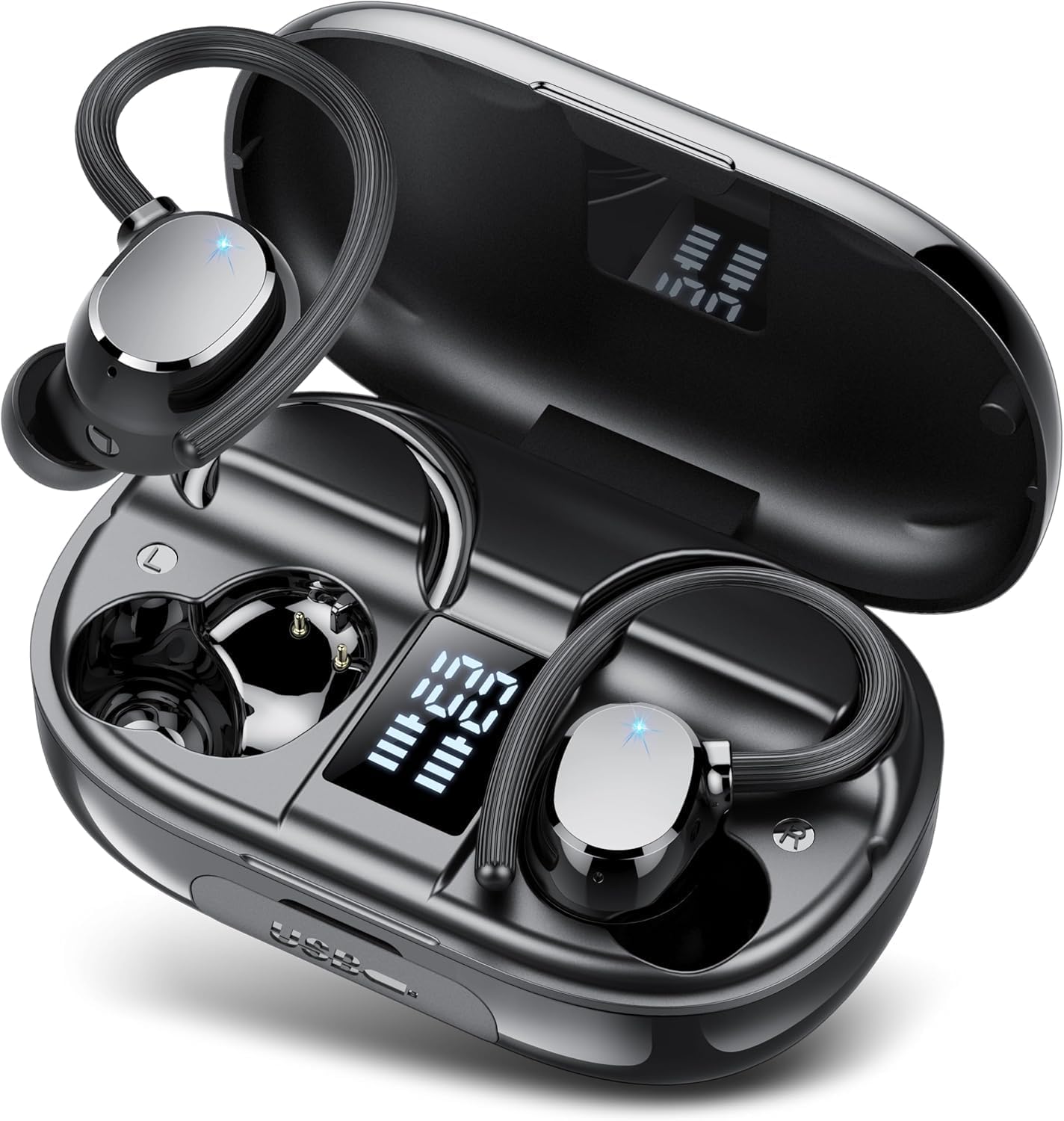 Wireless Headphones, Bluetooth 5.3 Headphones Sport with 4 ENC Noise Cancelling Mic, 128H Earphones with Earhooks HiFi Stereo Deep Bass, IP7 Waterproof, Wireless Earbuds for Sport/Gym/Running