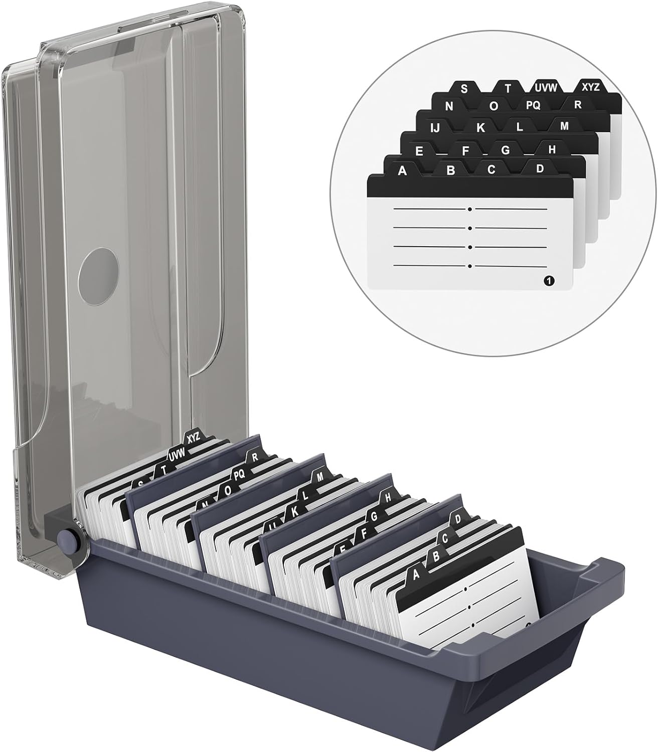 MaxGear Business Card Holder for Desk, Large Plastic Business Card Organizer Box, Credit Cards Holder File Box Storage, Capacity: 500 Cards (3.5” x 2.2”), A-Z Tabs, Metal Structure, Black