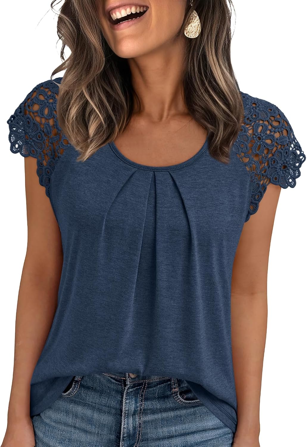AUTOMET Womens Lace Tops Pleated Short Sleeve Shirts Summer Business Casual Dressy Blouses