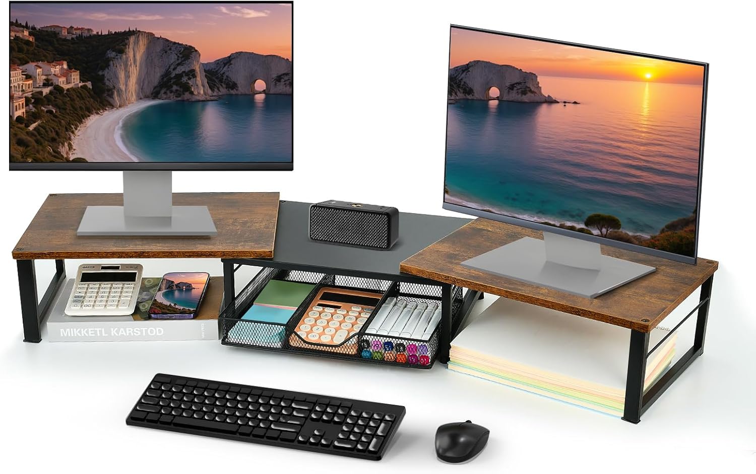 Dual Monitor Stand Riser, Desk Organizer with Drawer, Office Desk Organizers and Accessories, Office Workspace Organization Computer Monitor Stand for Laptop, Printer, TV, Office Supplies, Rustic Brown