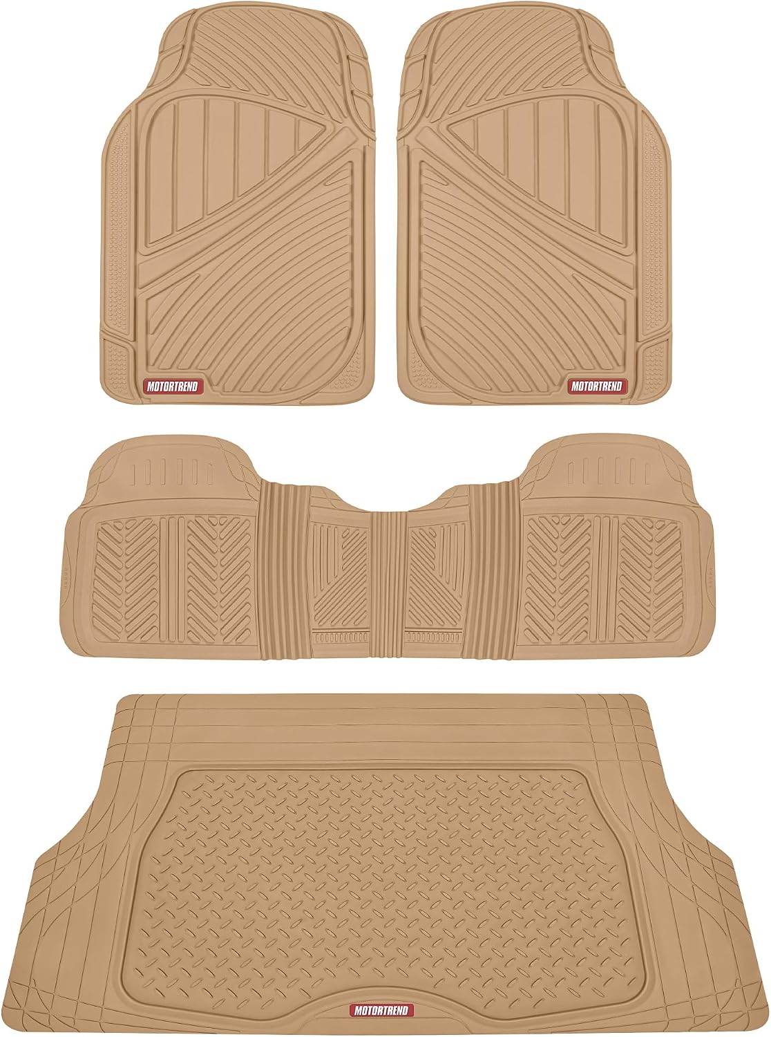 Motor Trend FlexTough Performance All Weather Rubber Car Floor Mats with Cargo Liner - Full Set Front & Rear Floor Mats for Cars Truck SUV, Automotive Floor Mats (Beige)