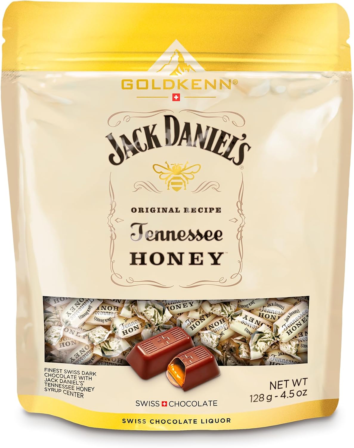 Jack Daniel's Tennessee Honey Delights, Finest Dark Chocolate, 128 g | A golden spirit infusion in a rich, smooth Swiss confection, a gourmet gift for adults, collectors & whiskey-loving fans
