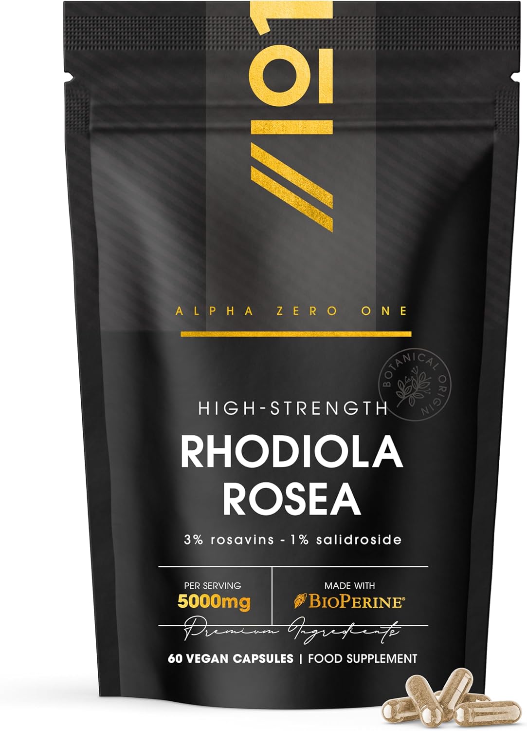 Rhodiola Rosea Extract 5000mg - 3% Rosavins 1% Salidroside - 60 Vegan Capsules – Made with BioPerine® for Enhanced Absorption – By Alpha01
