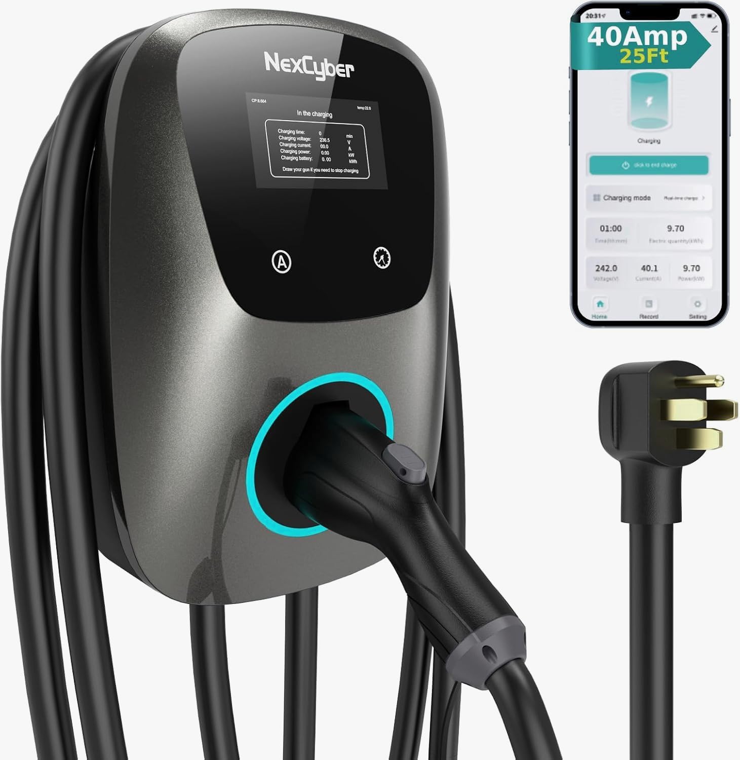 Level 2 EV Charger(WiFi APP/Plug-Play), 40A Nema 14-50 Plug, 25ft Cable ETL Certified, Home Level 2 EVSE Car Charger w/ J1772 Connector, Electric Vehicle Charging Stations (40)