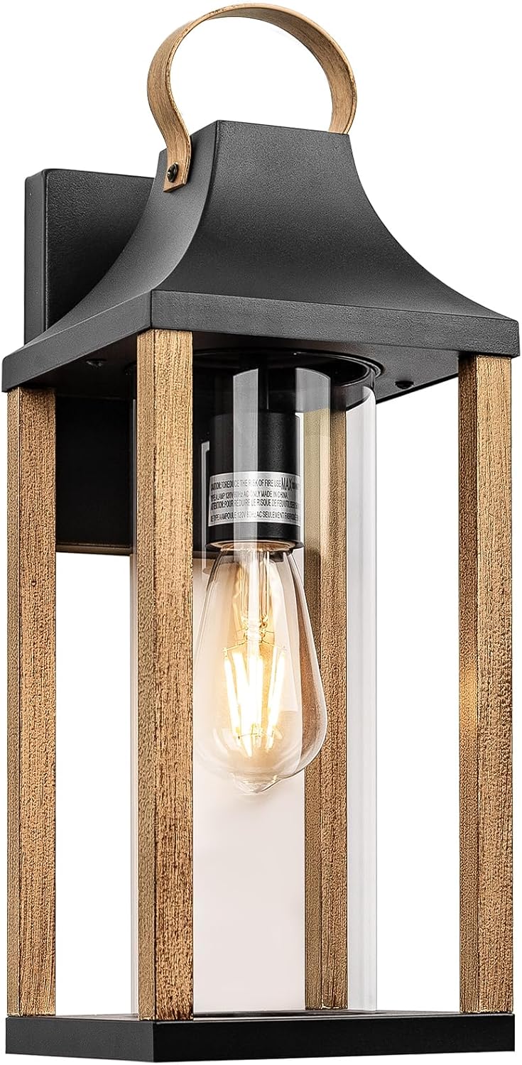 Large Outdoor Wall Light 17" H Light Fixture with Cylindrical Clear Glass Modern Wall Sconce for Patio Porch Courtyard, E26 Base IP65 Waterproof, Rustic Wood