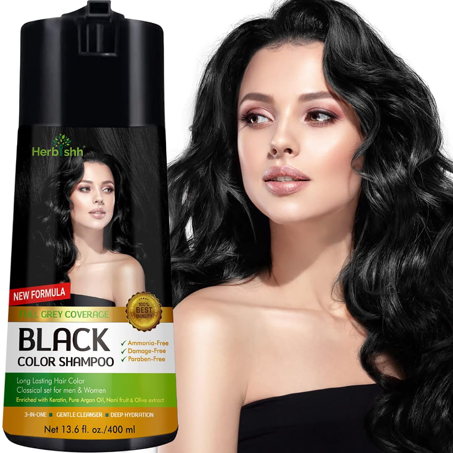 Herbishh Black Hair Dye Shampoo 3 in1 Color for Women, Men 400ml
