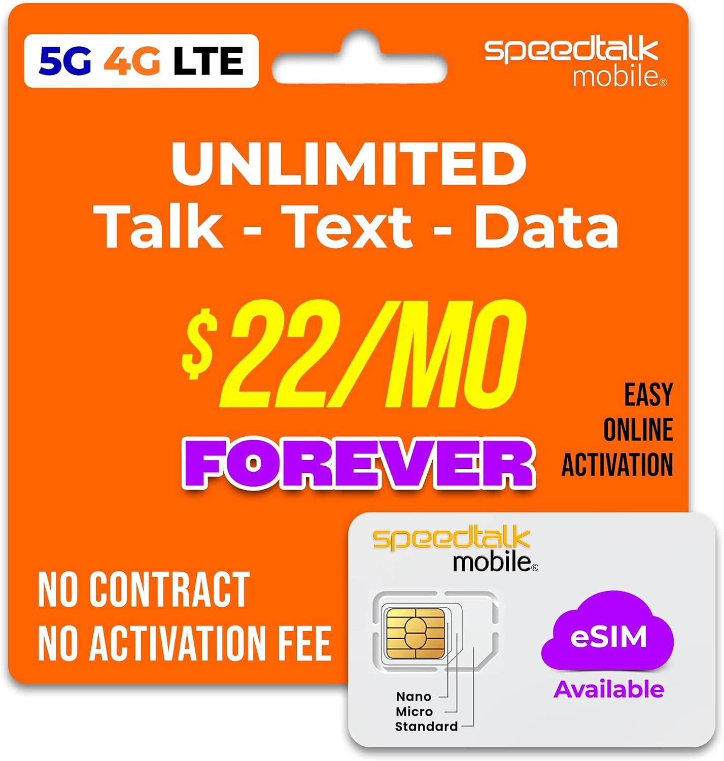 SpeedTalk Mobile Pre-Paid eSIM and SIM Card Starter Kit – No Contract Wireless $22mo Talk Text Data Unlimited Plans - Cellphone 5G 4G LTE Apple iPhone, Android Smart Phones