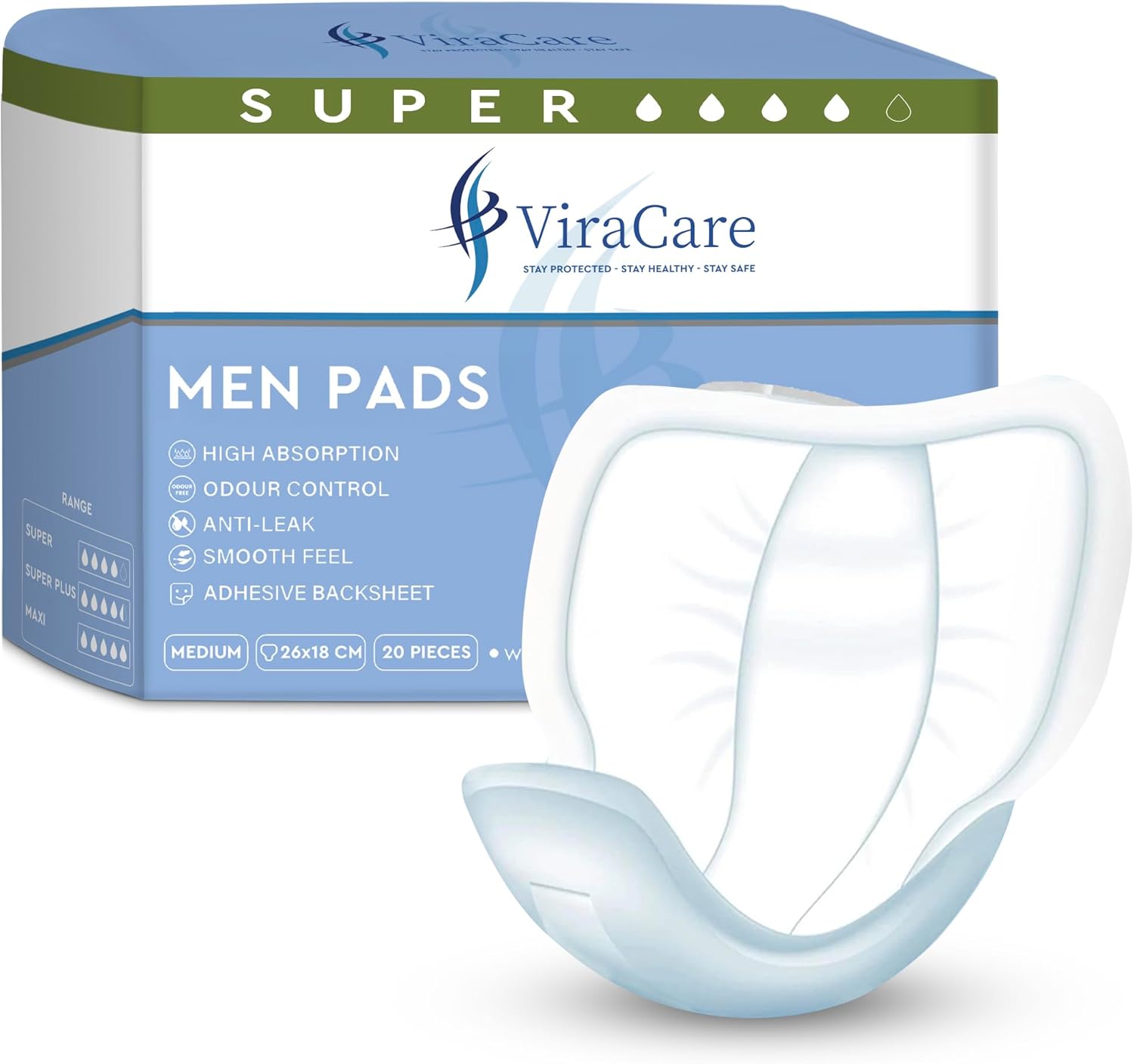 40 x Super Incontinence Pads Men | Adhesive Backsheet & High Absorption | Mens Incontinence Pads | Pad for Men | Male Incontinence Pad | Size 26x18 cm | (2 Packs of 20)