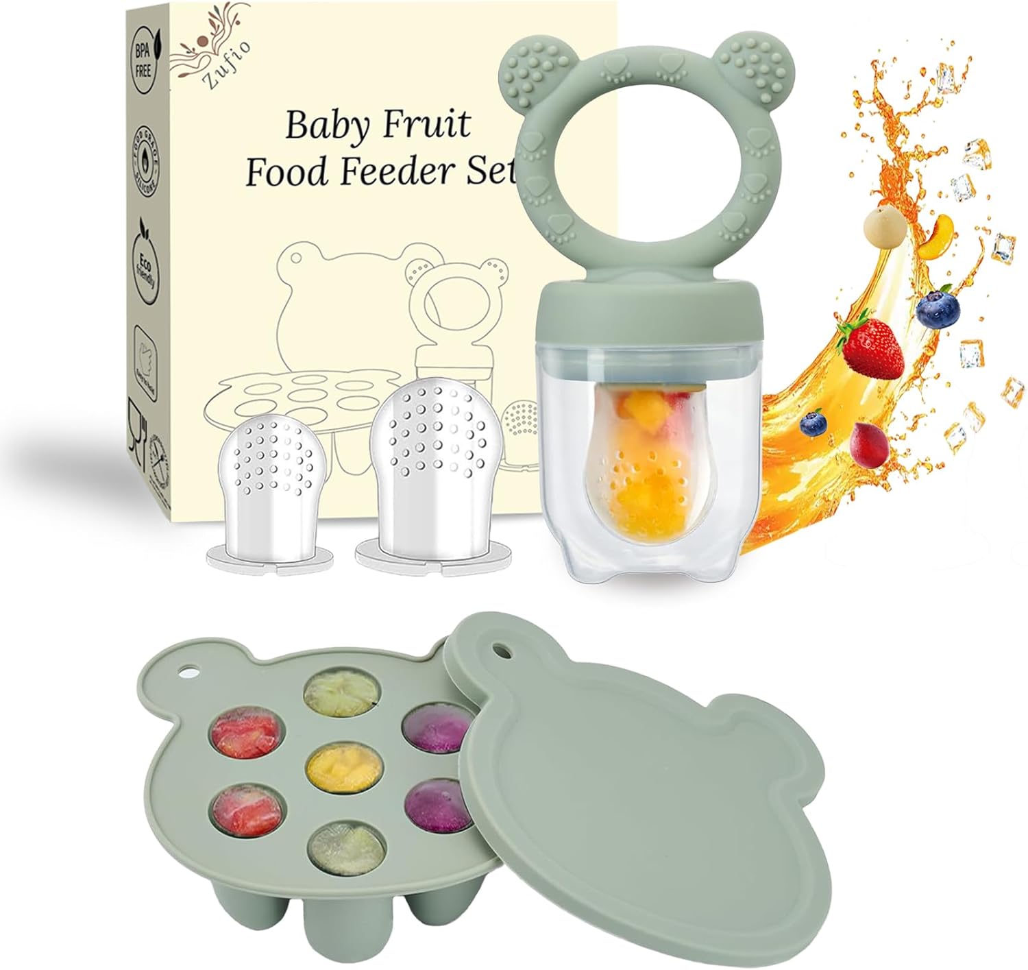Silicone Baby Fruit Food Feeder Pacifier & Breastmilk Popsicle Freezer Molds, Food Storage Containers Breast Milk Ice Cubes for Baby Teething & Infant Self Feeding (Green)