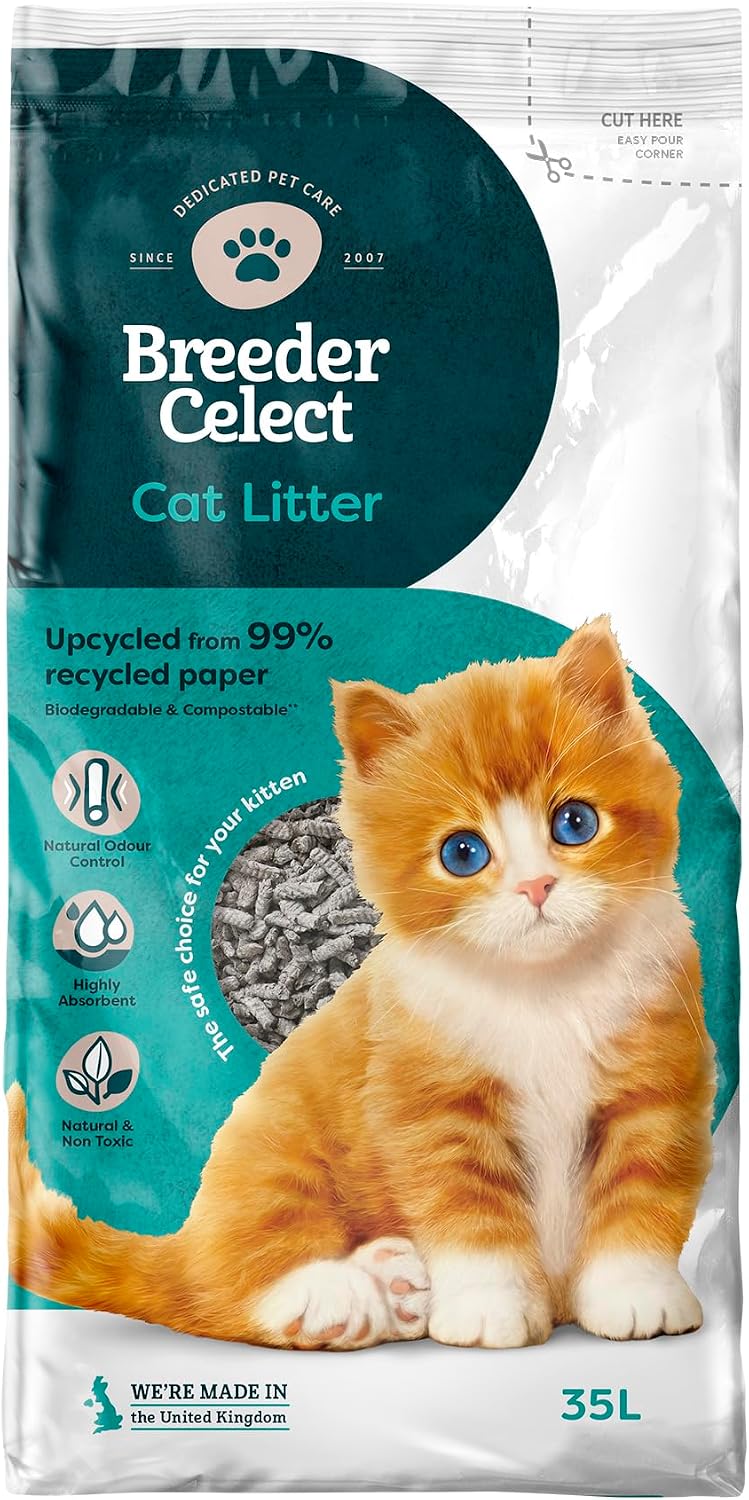 Breeder Celect All-Natural Cat Litter (35L) – 99% Recycled Paper, Highly Absorbent Kitten Cat Litter/Bedding, Excellent Odour Control, Non-Clumping, Biodegradable & Compostable