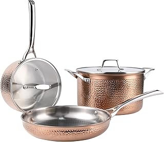 Stainless Steel Pots and Pans Set, Luxury Tri-Ply Hammered Kitchenware Cookware with Lids, Heavy Duty & Non-Toxic Rose Gold Special Hammered Pattern Detail, 5-Piece