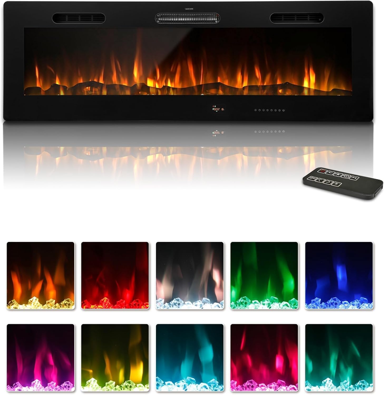 UNIONLINE 127cm Electric Fireplace Wall Mounted/Recessed Insert with 10 Color LED Flames, Media Fireplace with Remote, Touch Screen, Crystal & Log, 1000-2000W