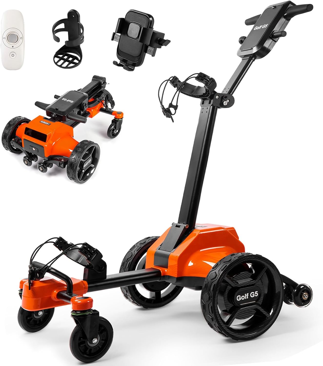 G5 Electric Golf Cart, Electric Golf Caddy That Follows You, Anti-Tipping, 45H Battery, All-Terrain (Remote/APP/Manual Control), Folding Design, Black+Orange