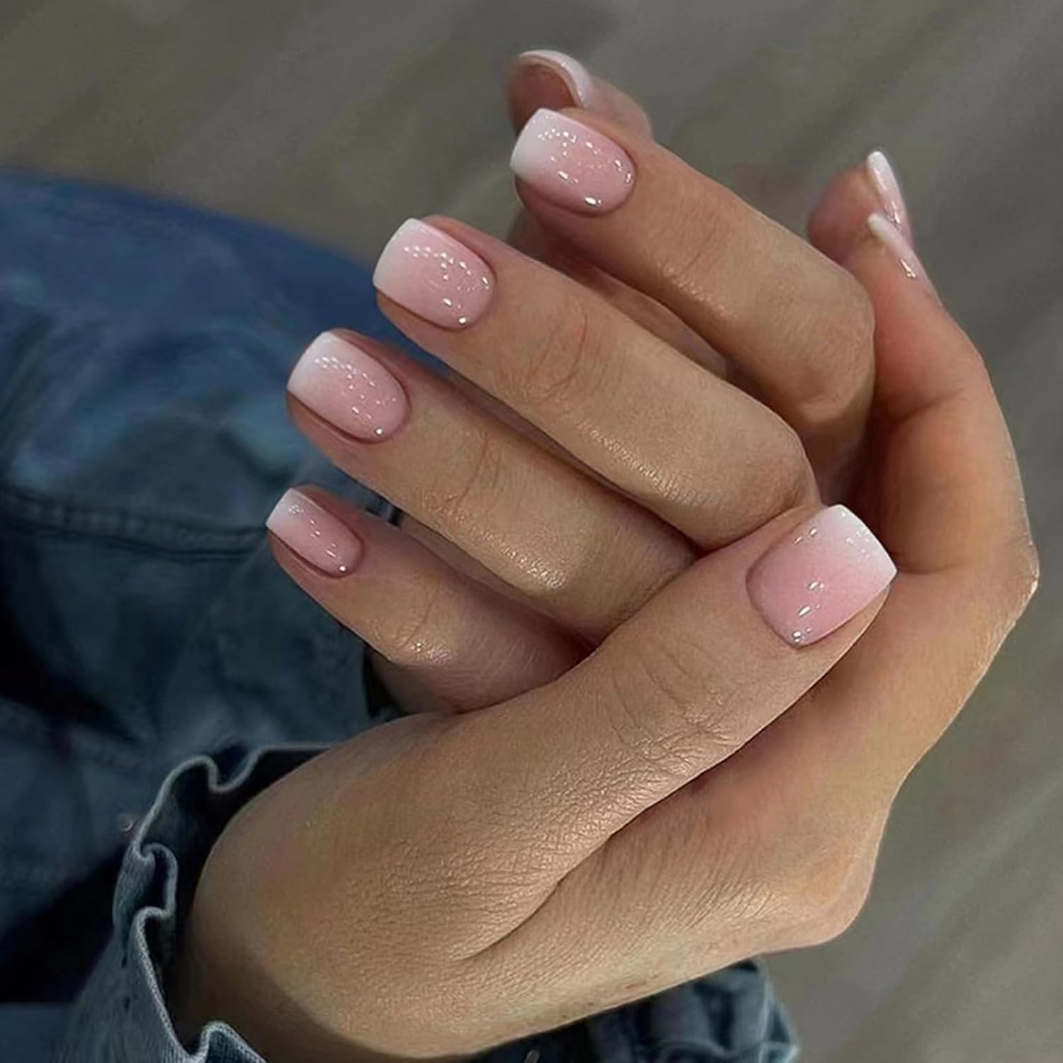 Ceboic 24pcs French False Nails Pink White Tip Short Square Press on Nails Gradient Acrylic Full Cover Stick on Nails with Designs Elegant Touch Fake Nails Women Girls Nail Art Accessories