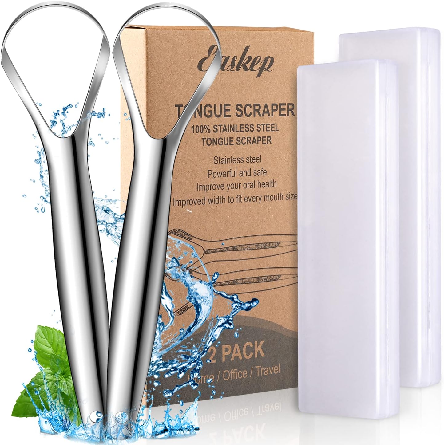 Tongue Scraper (2 Pack), Wide-head Tongue Cleaner with Nice Carrying Box, Easkep 100% Stainless Steel Tongue Scrapers Cleaners, for Men, Women, Adults, Kids, silver