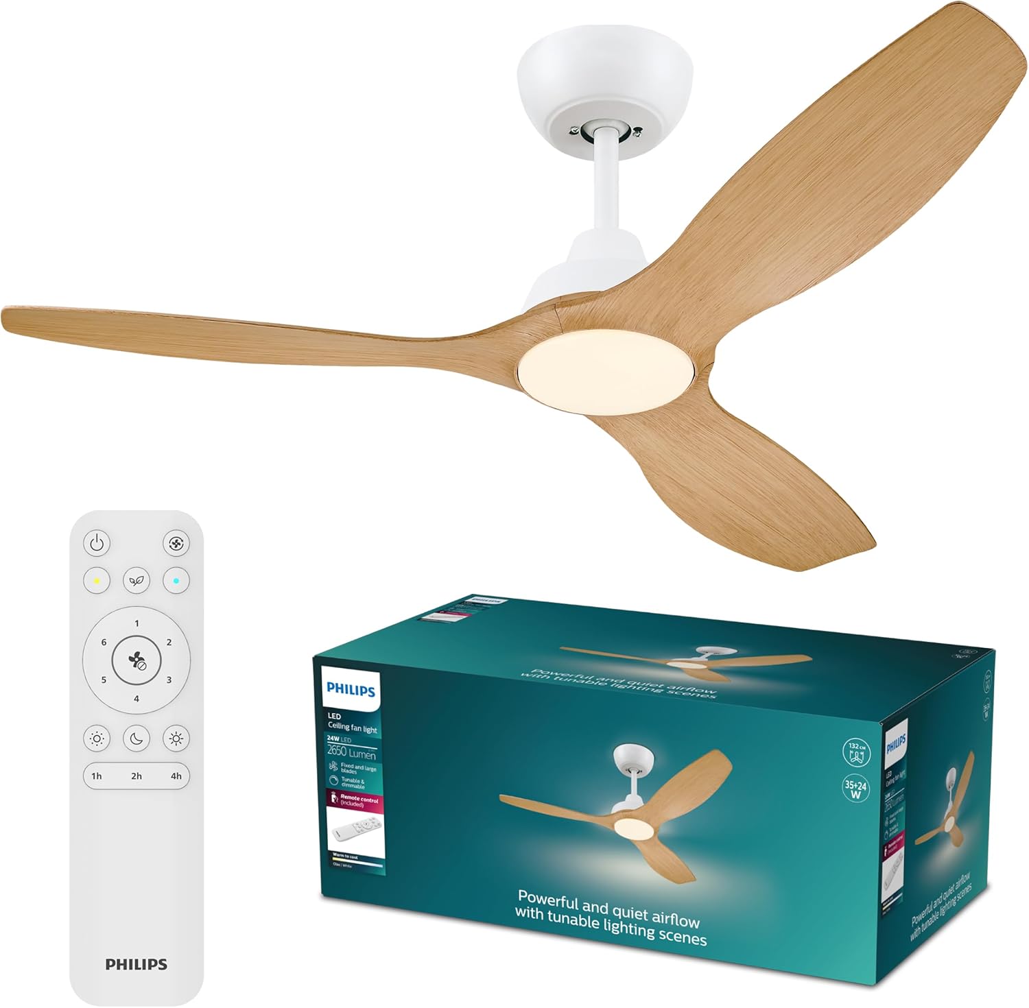 PHILIPS Olas Ceiling Fan with LED Light, 3 Blades, 132 cm Diameter, 2650 Lumens, Tunable White Light from 3000 K to 6500 K, Dimmable to 5%, Remote Control Included, White/Wood