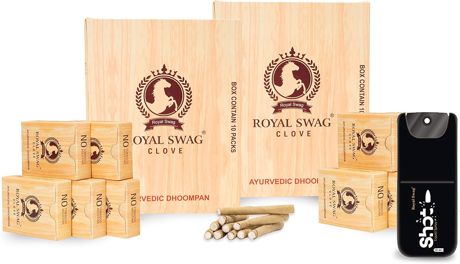 ROYAL SWAG Ayurvedic & Herbal Long Filtered Bidi Smoke (Pack of 20 X 20 Bidi Sticks Per Pack) with 12 ml Shot to Stop Nicotine Craving Tobacco Free Dhoompan (400 Sticks, 1 Shot)