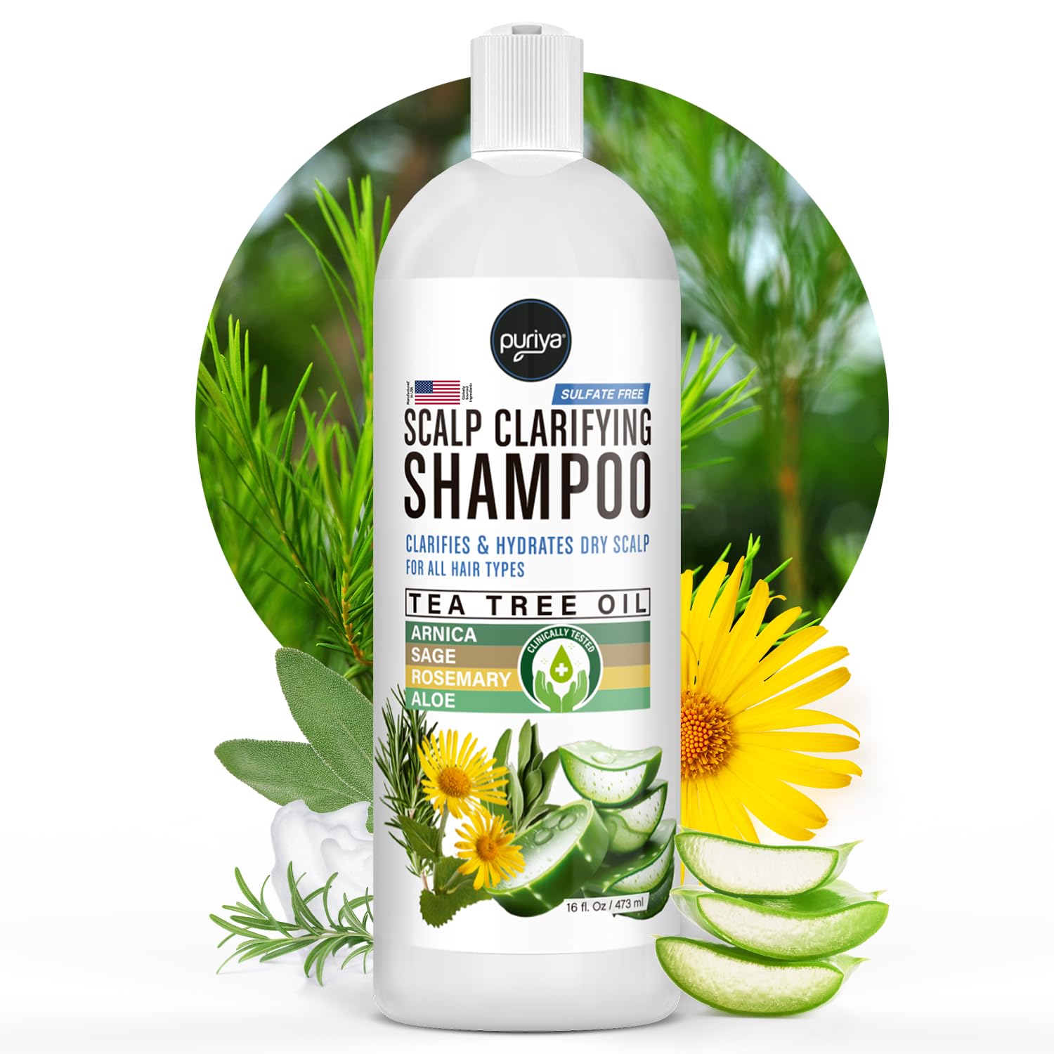 Puriya Tea Tree Clarifying Shampoo. Plant Rich Dry Itchy Scalp Relief, for Kids, Adults, Sulfate Free, No Harsh Chemicals Seen in Dandruff Treatment, Seborrheic Dermatitis, Psoriasis Shampoo, 16 oz
