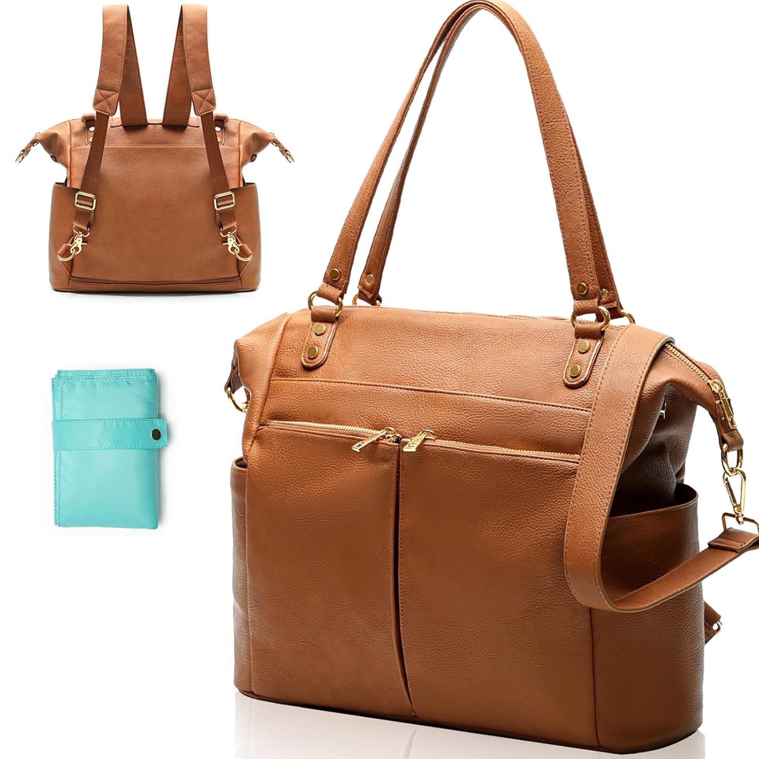 MOMINSIDE Diaper Bag Tote, 4 in 1 Leather Diaper Bag Backpack with 14 Pockets, Convertible Baby Bag for Boys Girls, Baby Registry, Changing Pad, 4 Large Insulated Pockets(Brown)