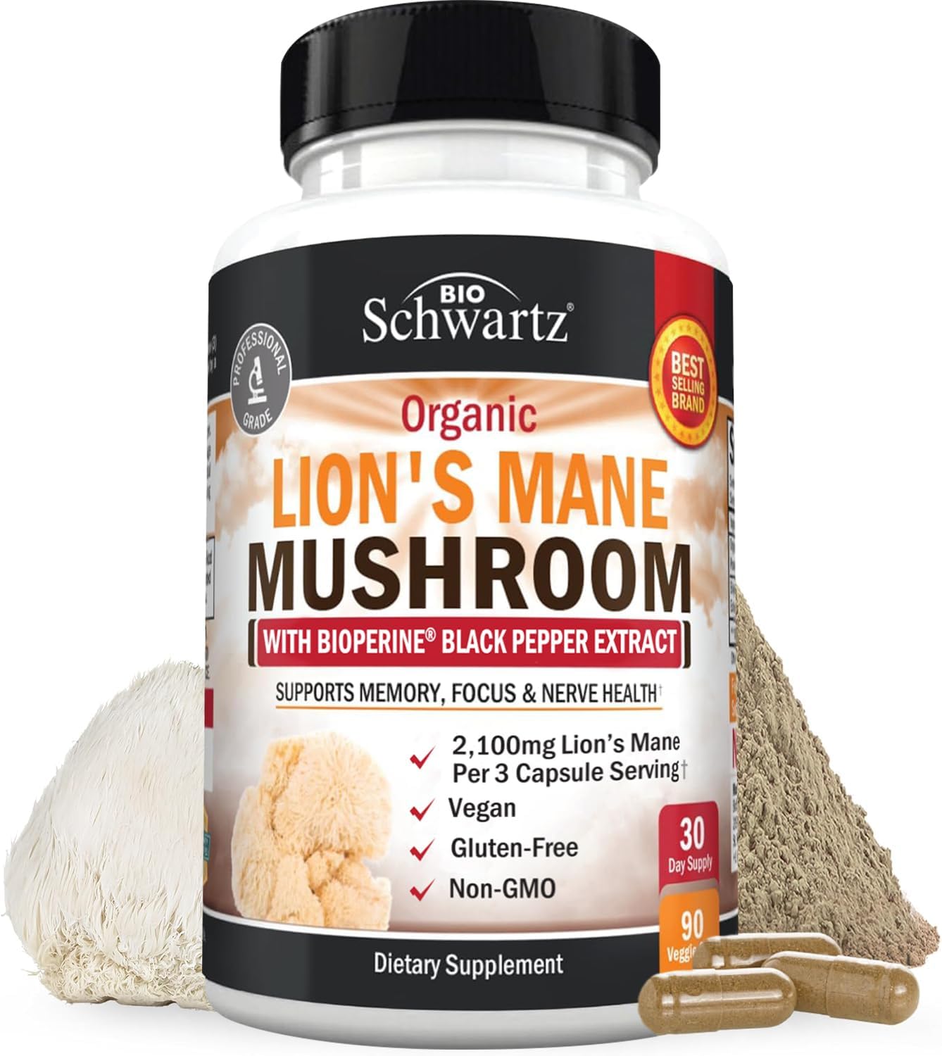 BioSchwartz Organic Lions Mane Supplement Capsules (90 Count) 2100mg Lions Mane Mushrooms with BioPerine for Max Absorption, Active Compound Verified, Nootropic Brain Supplements for Memory and Focus