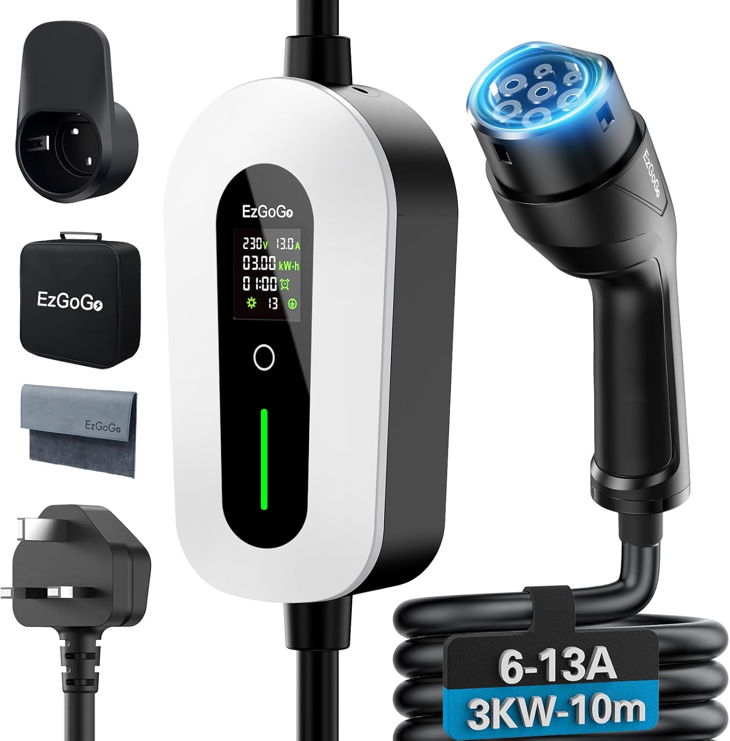 EzGoGo EV Charger Cable Type 2 to 3 Pin Plug 32.81Ft/10M Electric Car Charger 3kW, [6/8/10/13A] Type 2 Charging Cable 3 Pin IP65 Advanced Protection Suitable for EVs & PHEVs