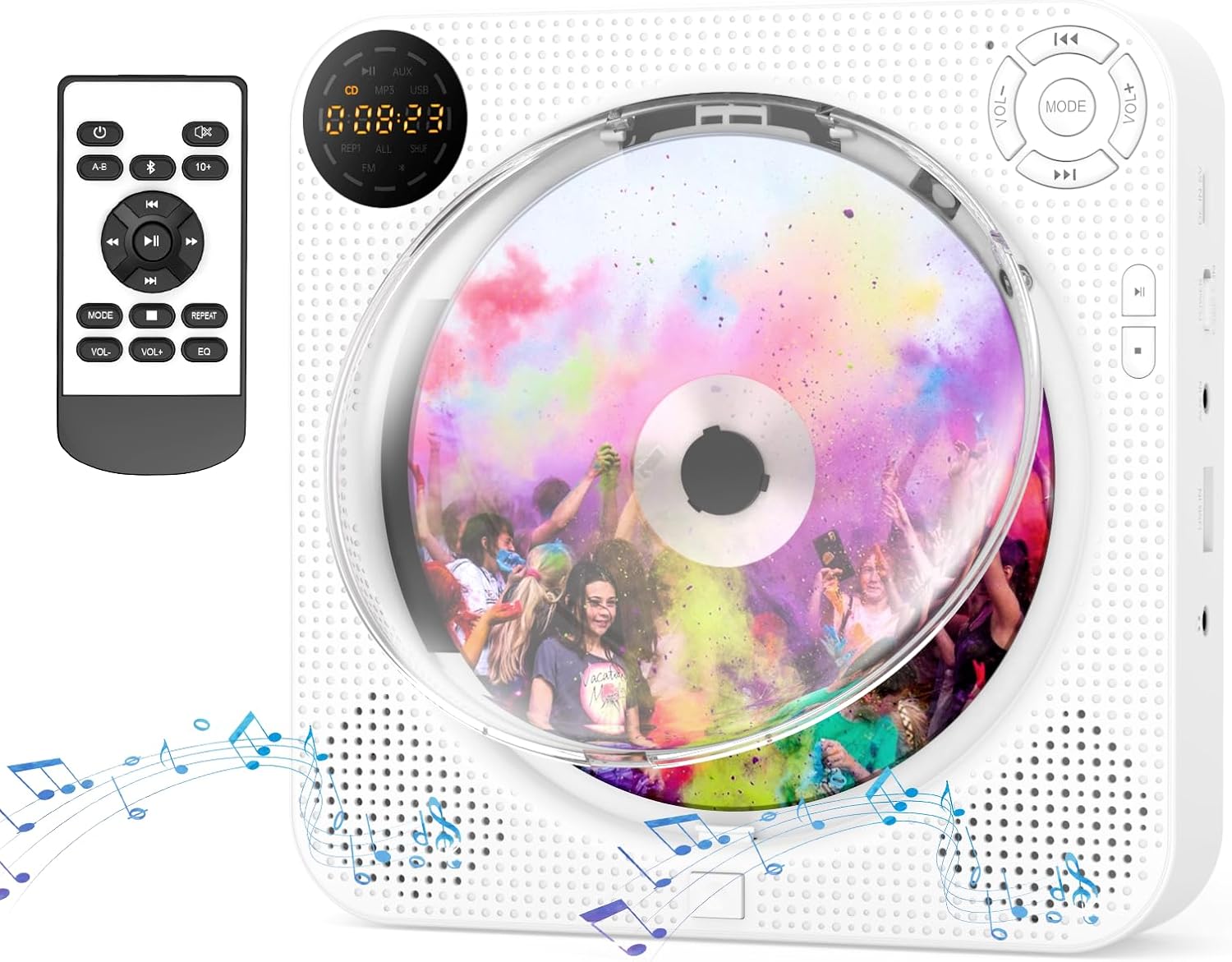 DESOBRY Portable CD Player with Speakers Wall Mountable, Personal CD Player with Bluetooth, Front LED Screen, Remote Control, Supports FM/USB/AUX (Without Battery)