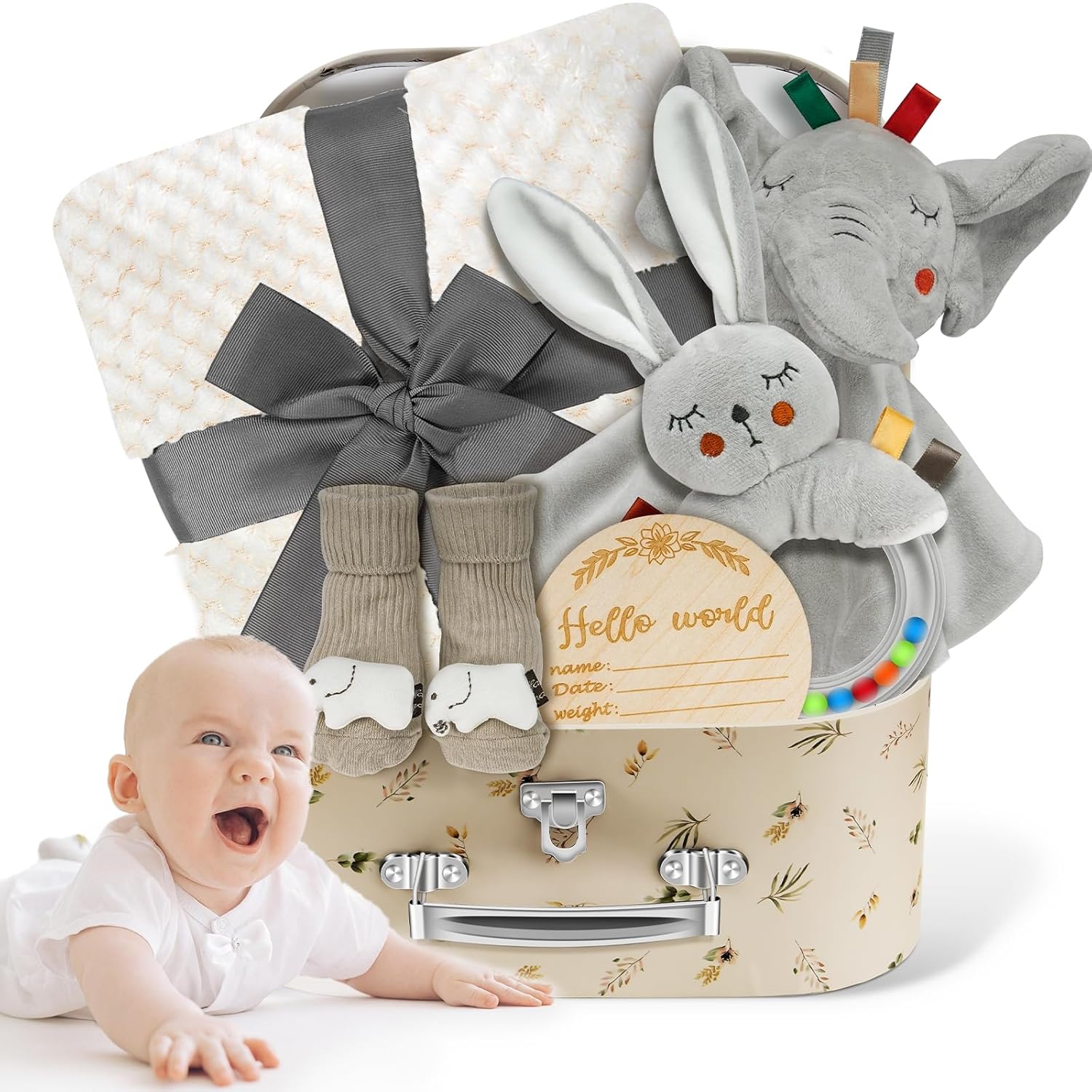Baby Boy Gift Basket Set, Unique Baby Gift Basket Set, New Baby Boy Gift Basket, New Baby Gift Basket Set with Baby Blanket, Baby Rattle, Bunny, Keepsake Milestone, Elephant Toy, Baby Socks