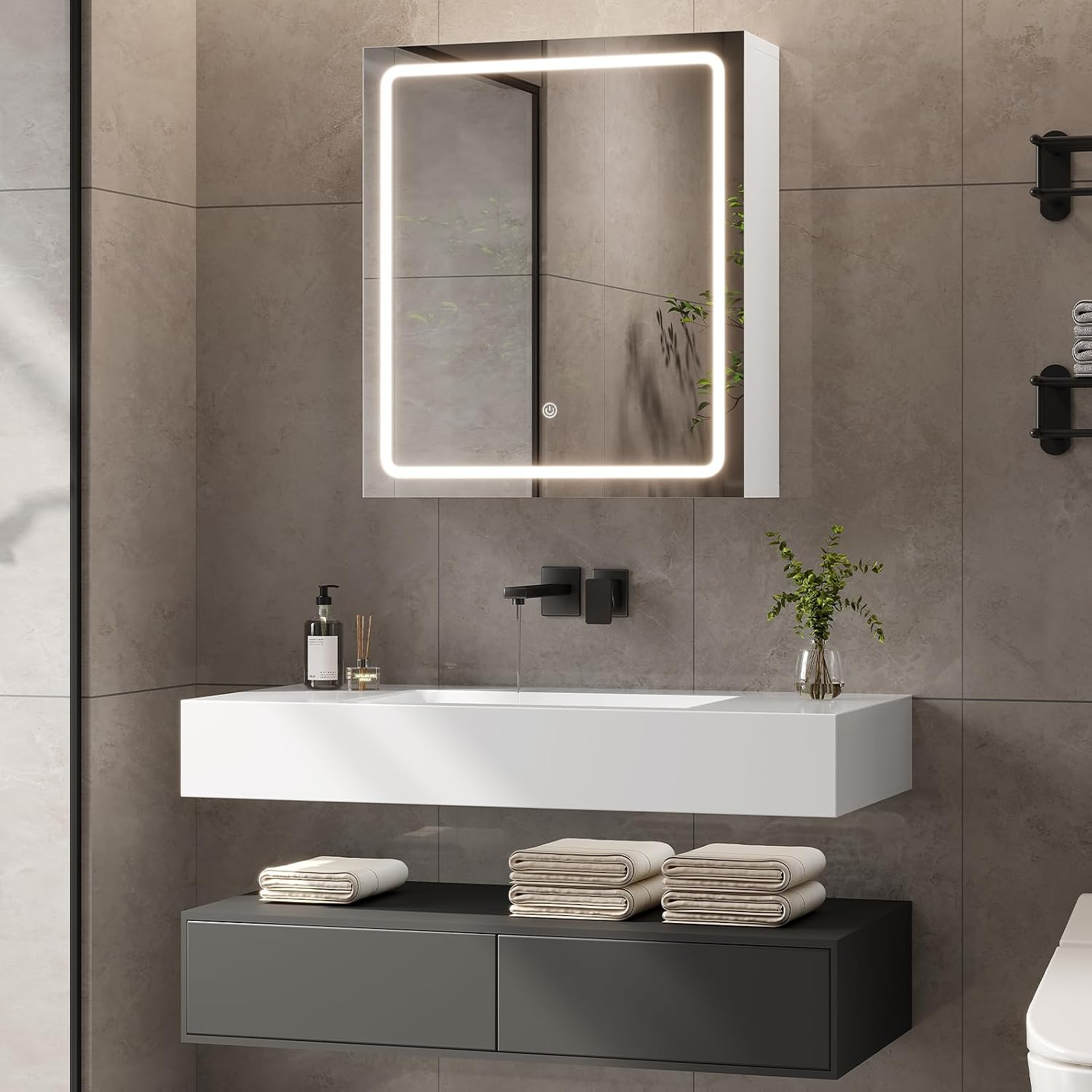 KIMENICH Bathroom Wall-Mounted Mirror Cabinet with Led Lights, Adjustable Shelf, LED Bathroom Cabinet with Mirror, 3 Colour Temperature Dimmable, Touch Sensor Switch, 50X60X16 cm, White