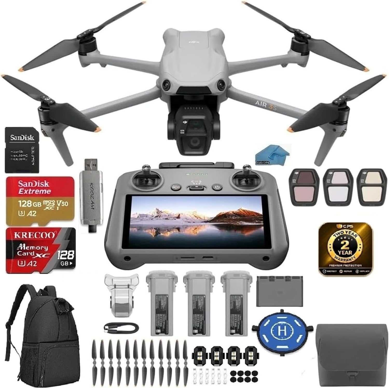 DJI Air 3S Drone Fly More Combo with RC 2 Screen Remote, 4K HDR, 46-Min Flight Time, 48MP Bundle:2x 128GB Micro SD, USB Reader, Landing Pad, Waterproof Backpack & 2-Yr Warranty
