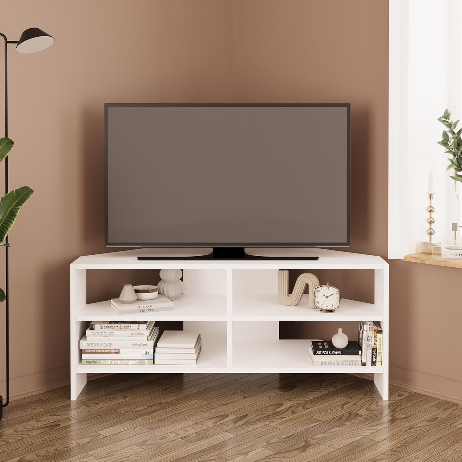Bimossa Roy Corner TV Stand – Space-Saving TV Unit for 43–48'' TVs, Compact Media Console with Open Shelves & Cabinet, Ready to Assemble, (White)