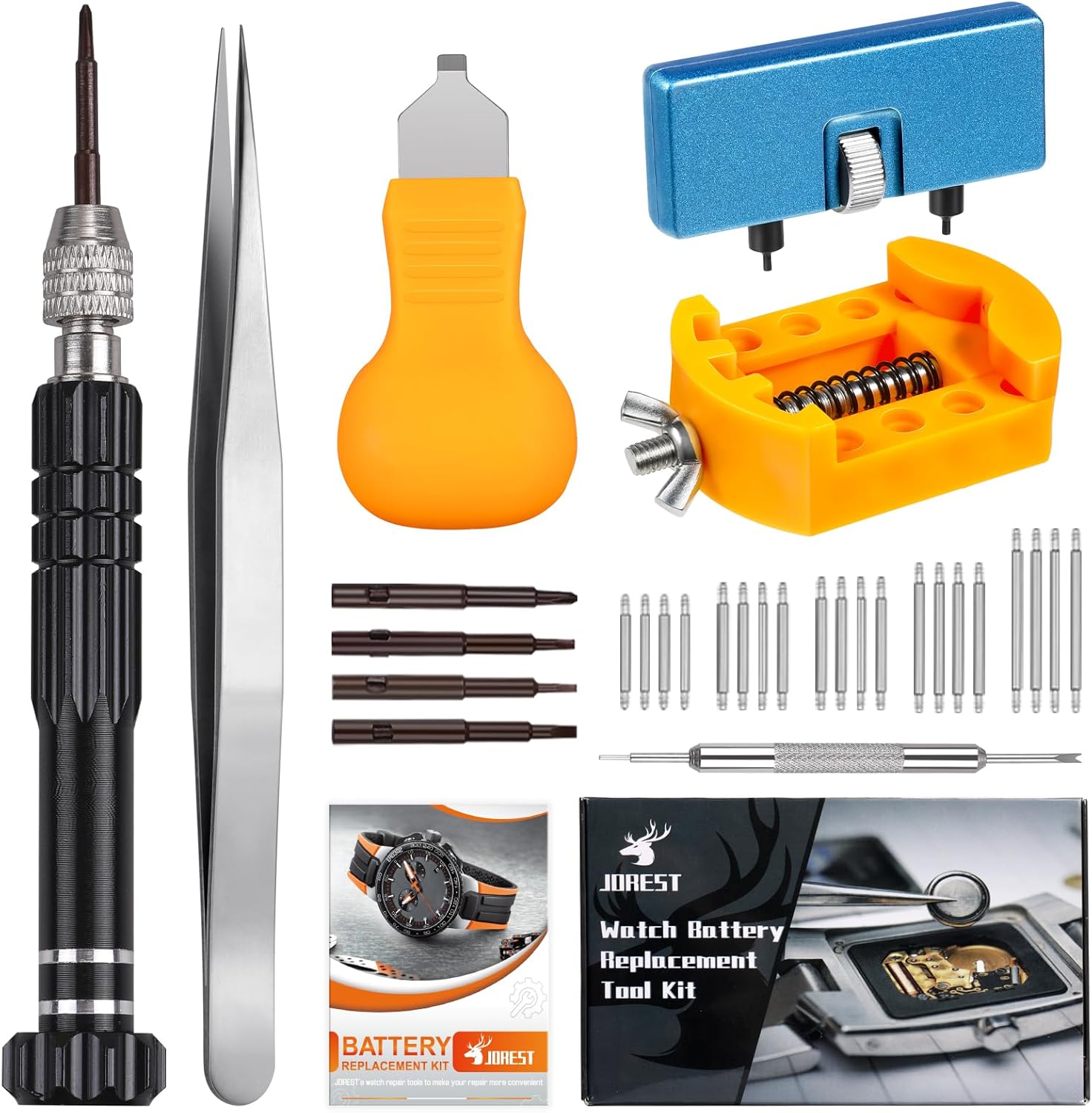 JOREST Watch Battery Replacement Kit, Watchmaker Repair Screwdriver, Watch Opening Tool, Watch Strap Replacement,Watch Back Remover, Watch Case Opener, Watch Back Remover Holder, Spring bar, Tweezers