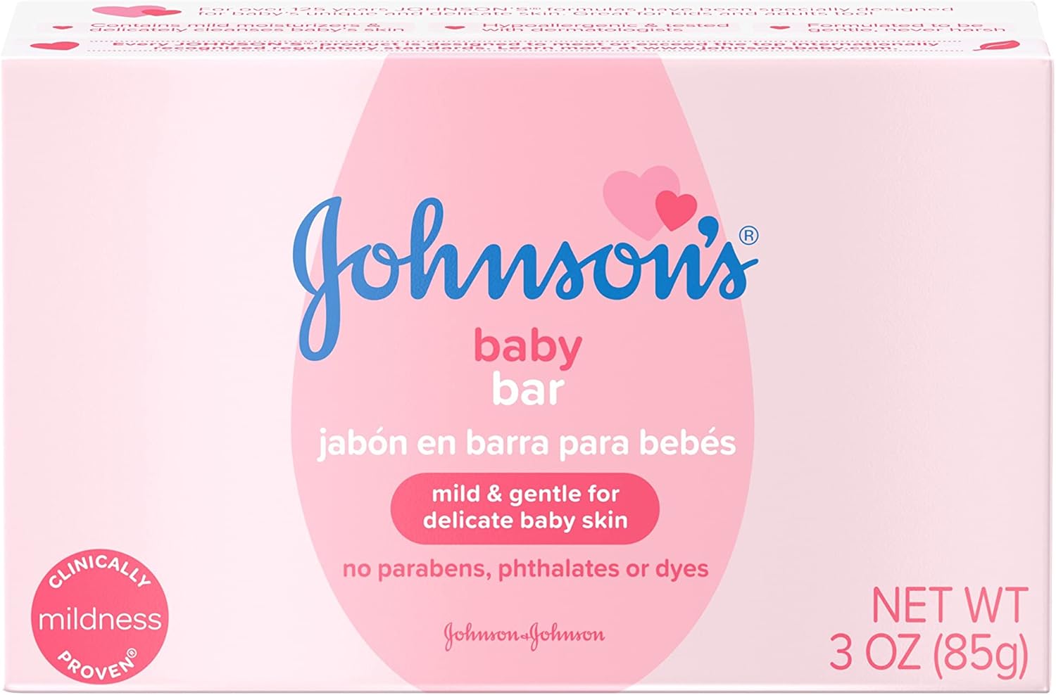 Johnson's Baby Body Soap Bar, Gentle for Baby Bath and Skin Care, Hypoallergenic and Dermatologist Tested, Paraben Free, Phthalate-Free, Dye-Free, 3 oz (Pack of 6)
